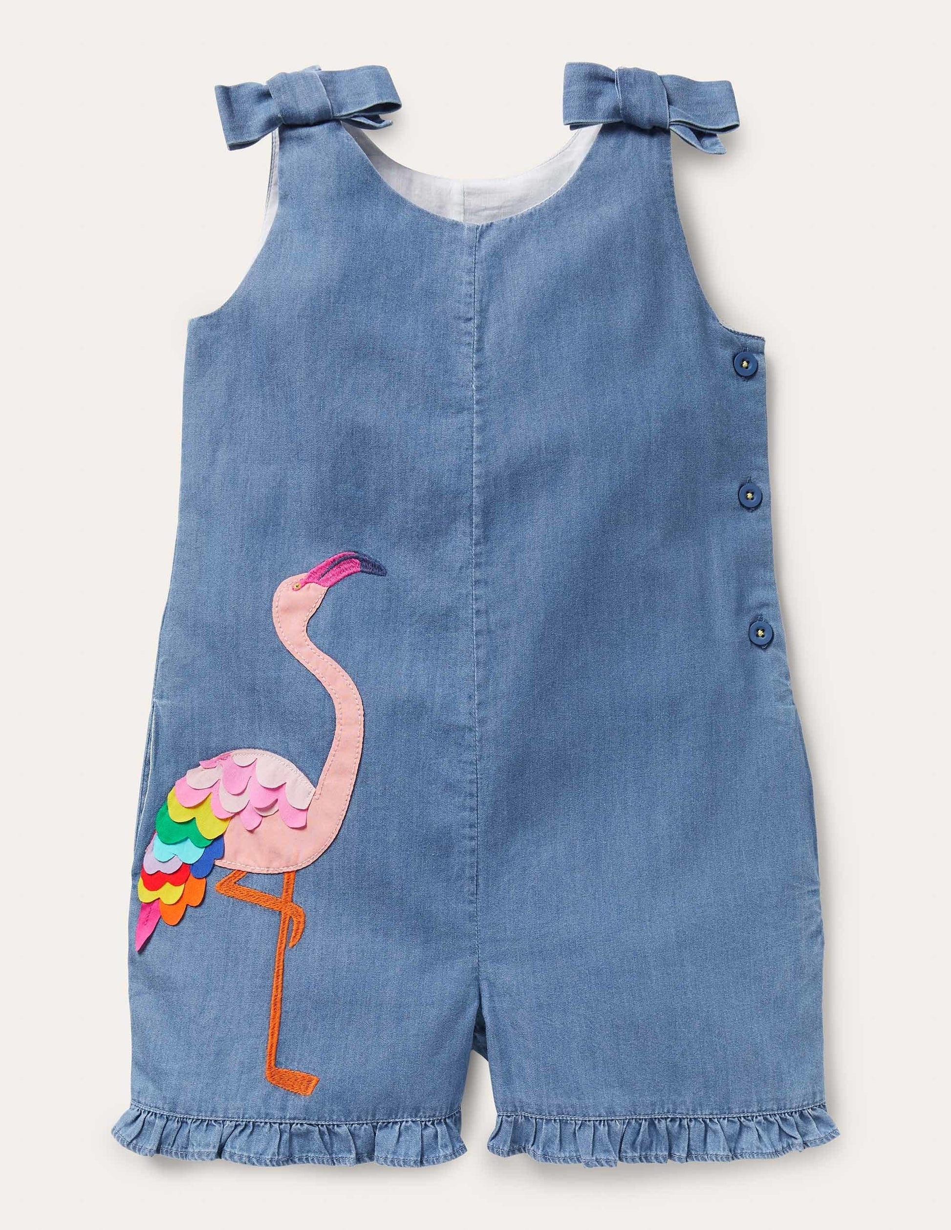 Tie Shoulder Frill Playsuit-Chambray Flamingo-1