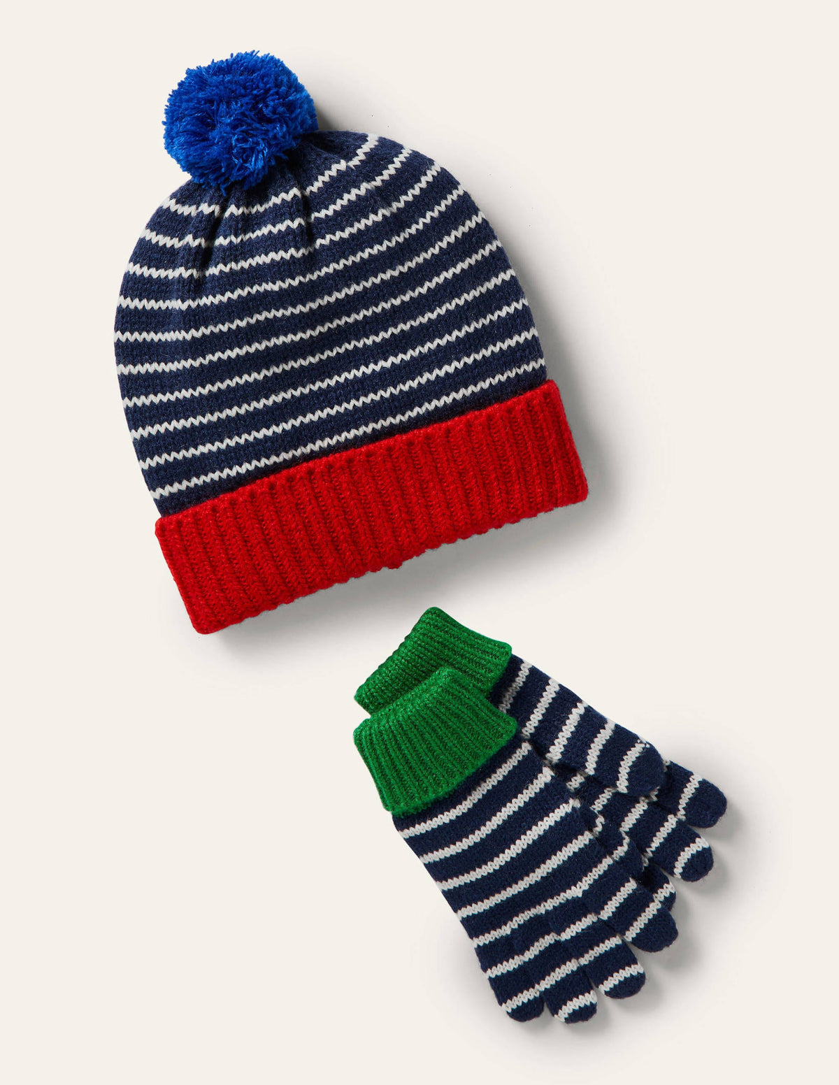 Knitted Striped Hat and Gloves-College Navy/Ivory-1