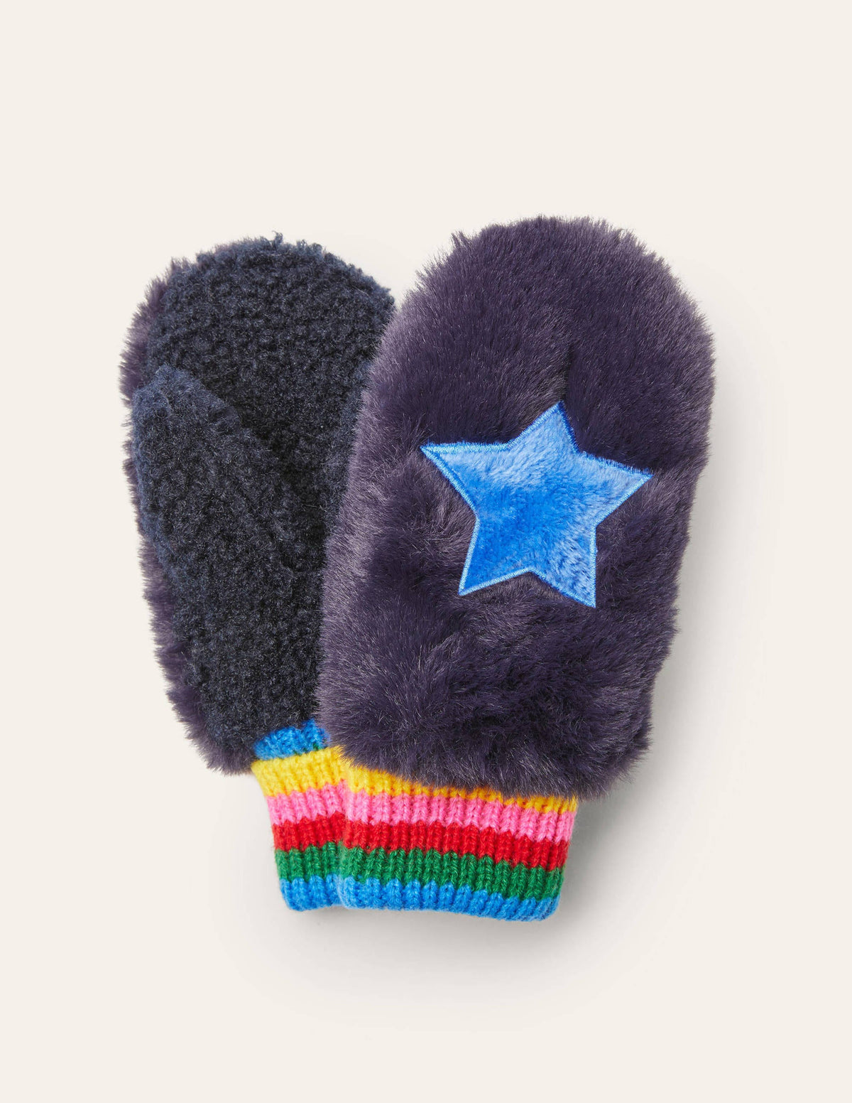 Faux Fur Mittens-College Navy Rainbow-1