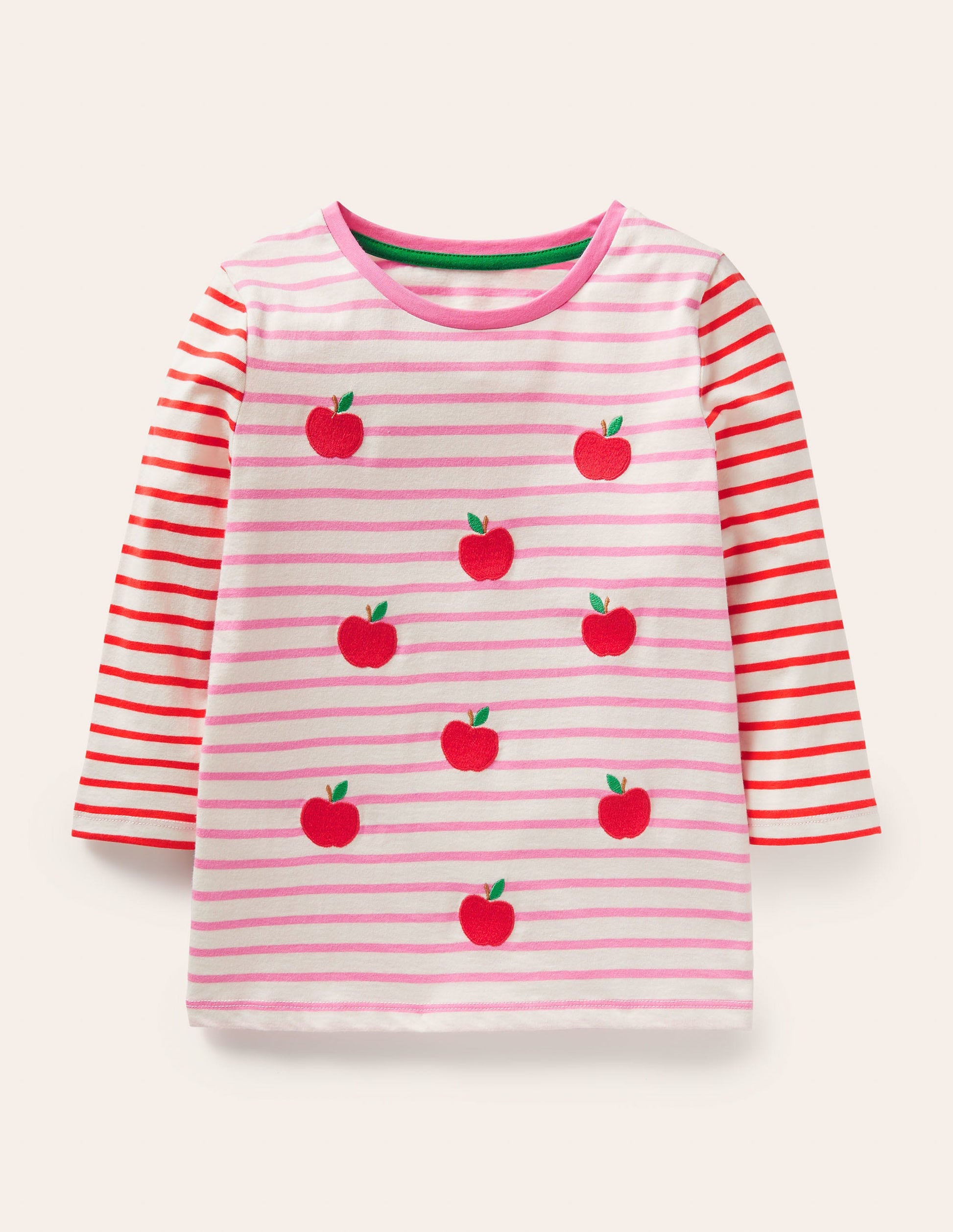 Embroidered Stripy T-shirt-Bright Petal Pink/Ivory Apples-1