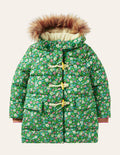 Longline Padded Jacket-Forest Green Floral