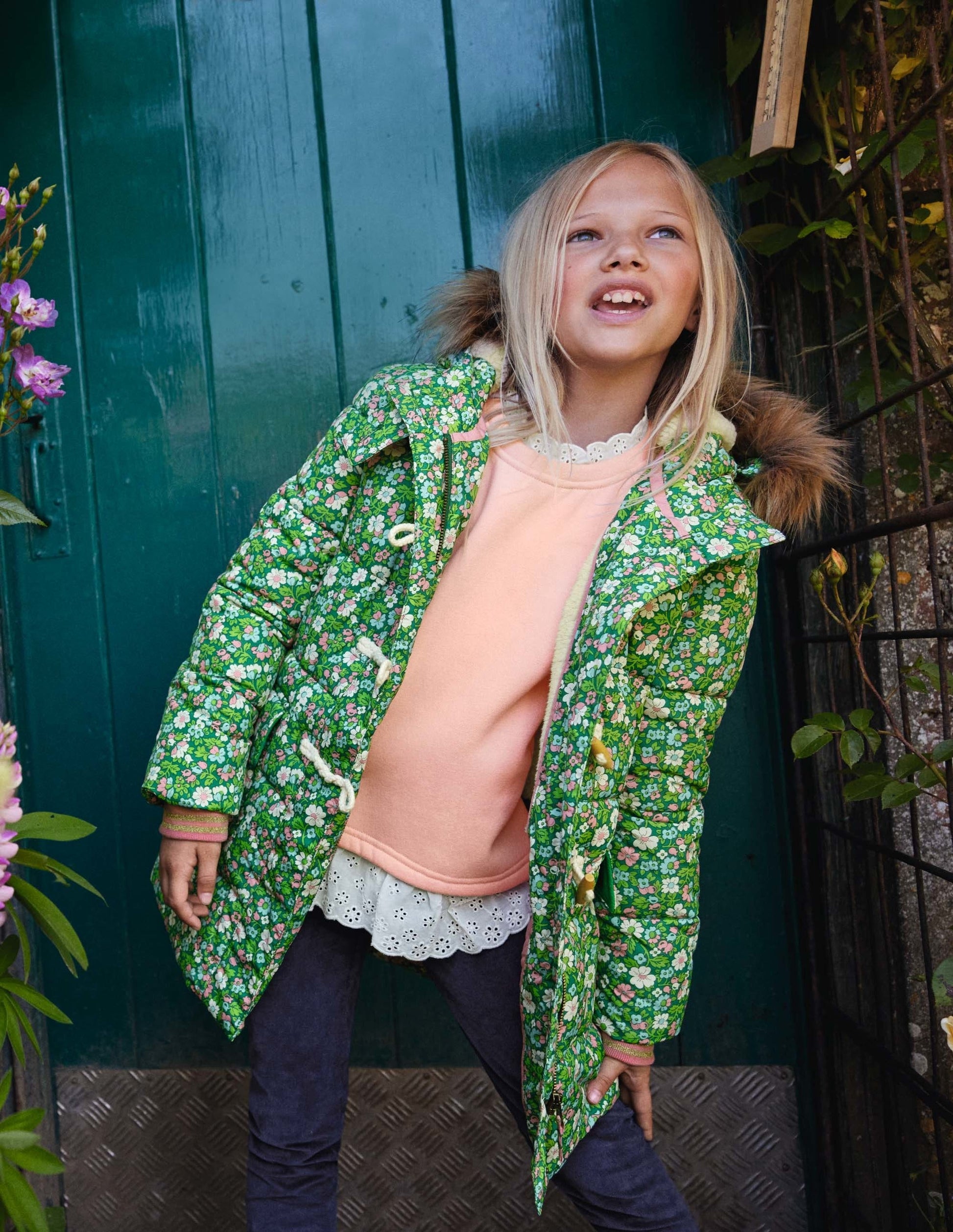 Longline Padded Jacket-Forest Green Floral-4