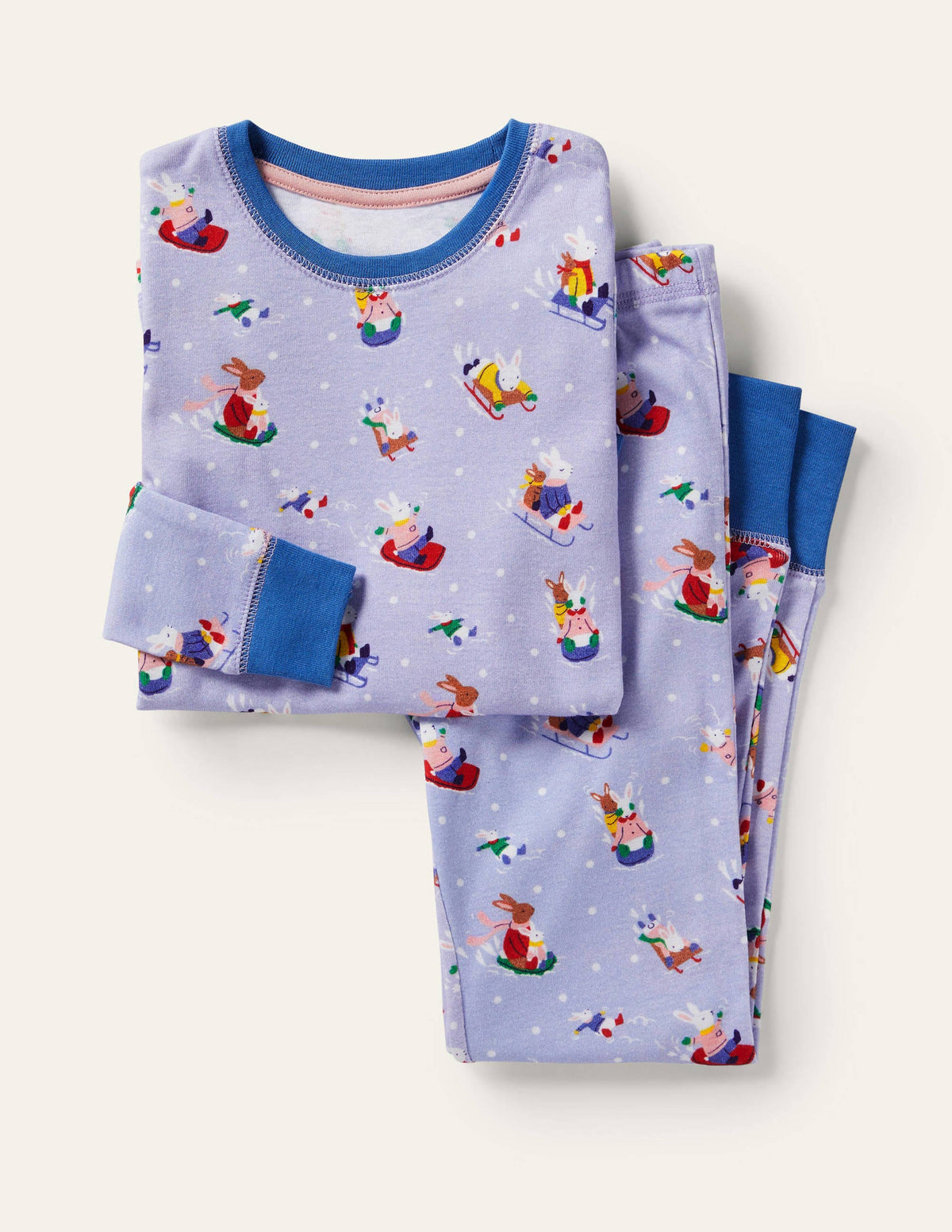 Snug Long John Pyjamas-Winter Sky Blue Snow Bunnies-1