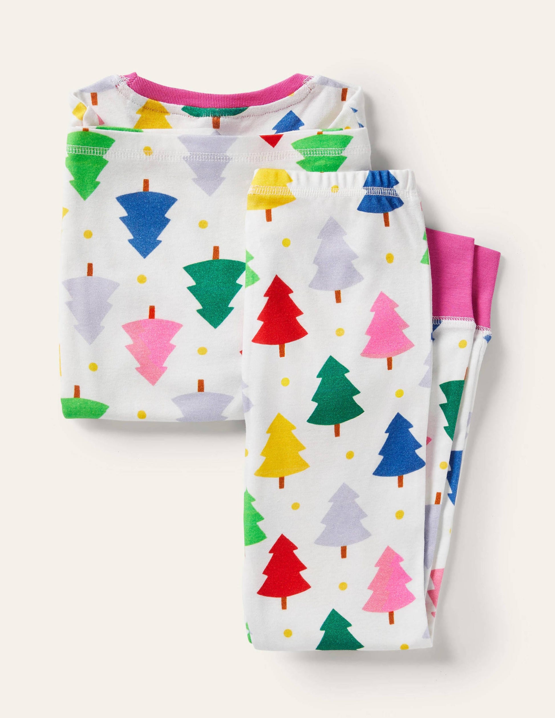 Snug Long John Pyjamas-Ivory Rainbow Christmas Trees-2