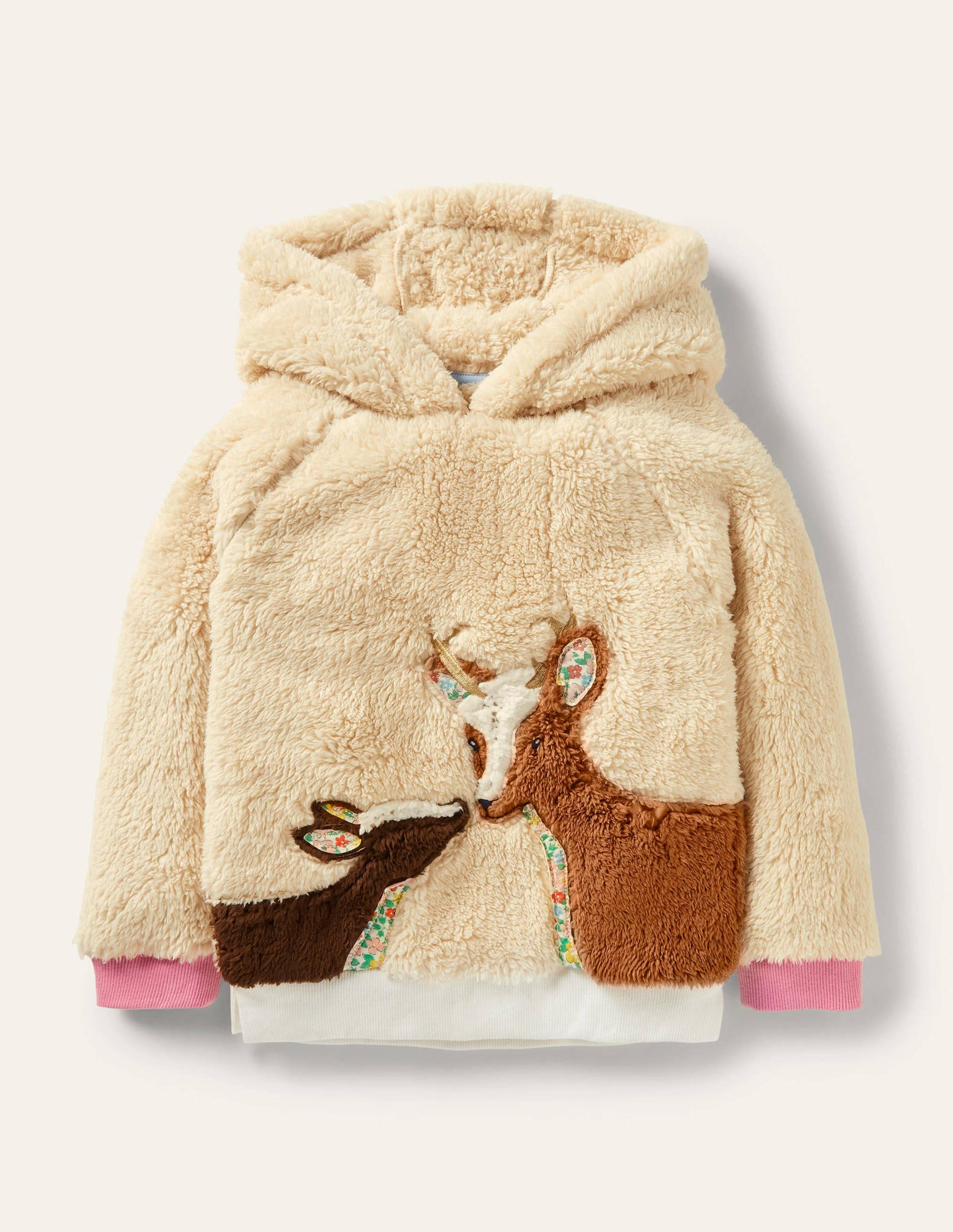 Appliqué Borg Hoodie-Natural Deer-1