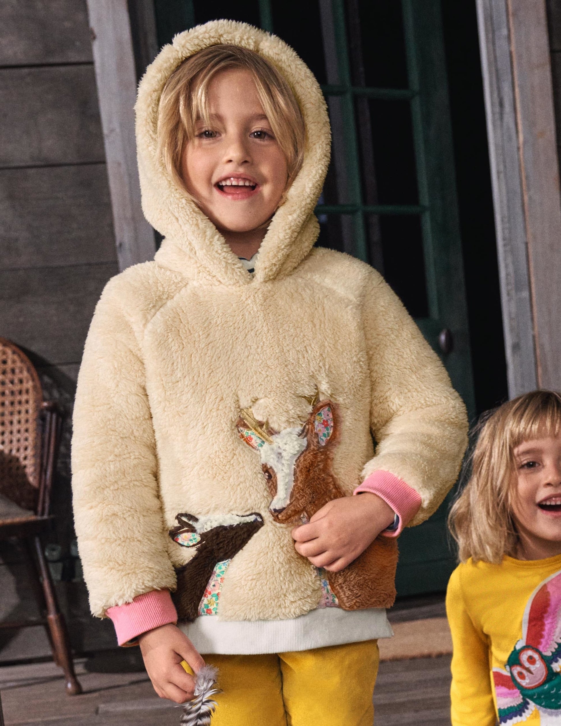 Appliqué Borg Hoodie-Natural Deer-4