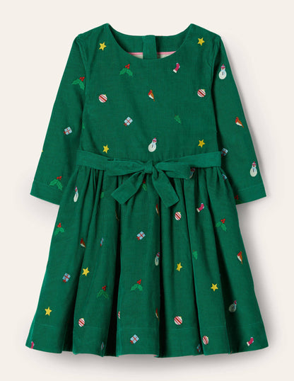 Embroidered Cord Dress-Forest Green-1