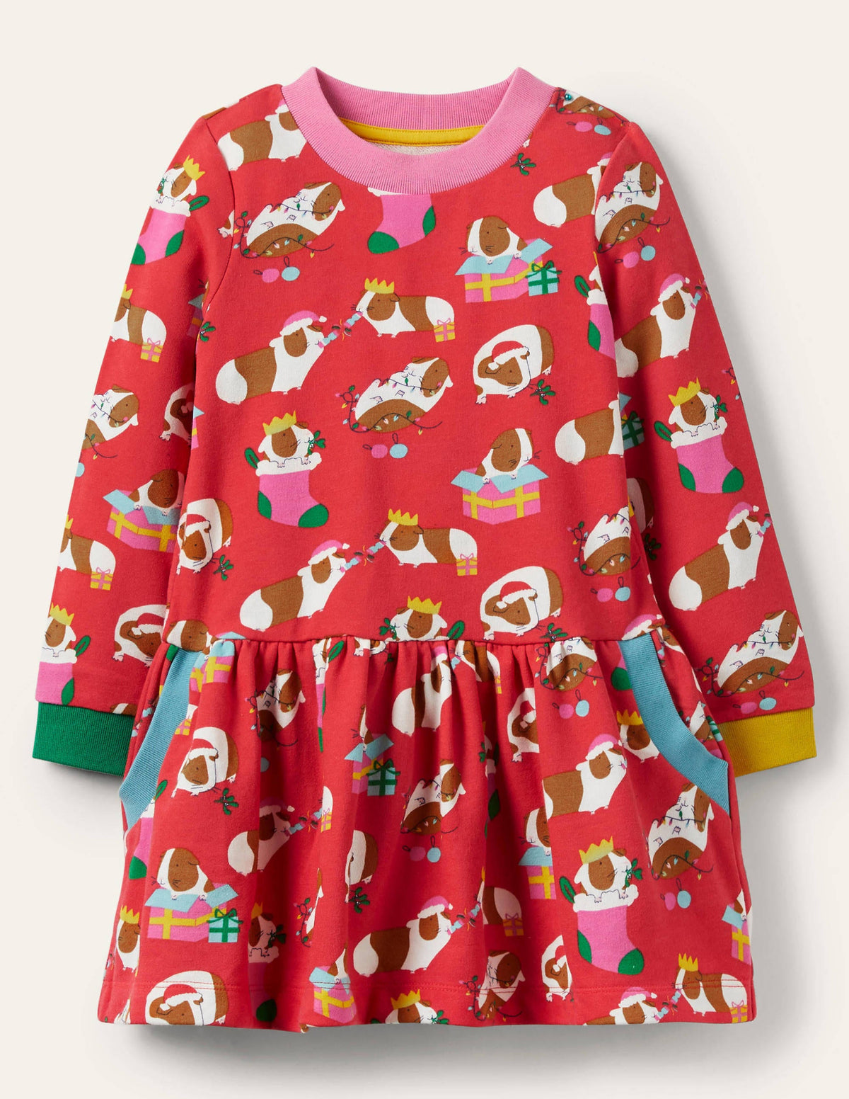 Cosy Printed Sweatshirt Dress-Red Festive Guinea Pigs - Image 1