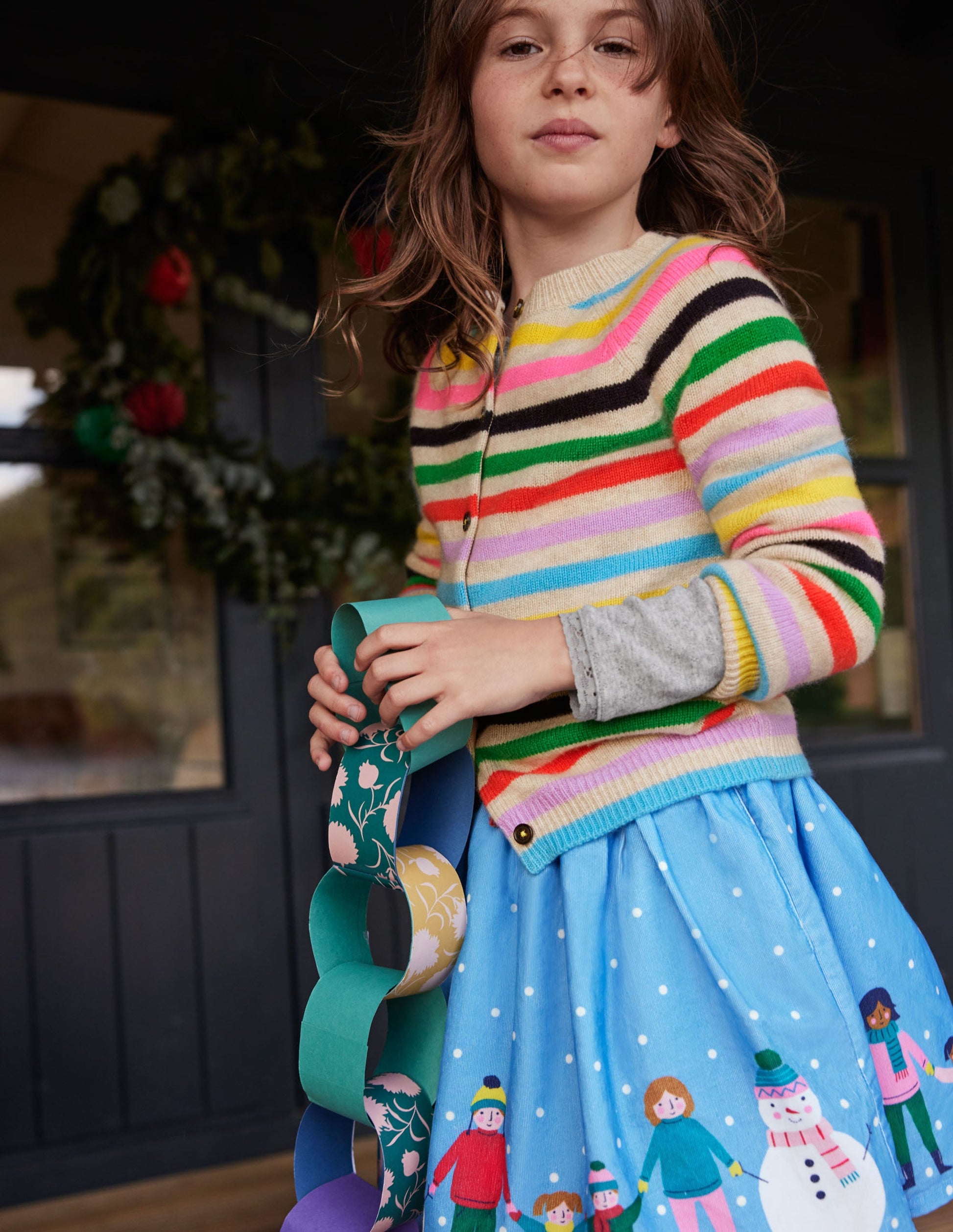 Christmas Scene Cord Skirt-Surfboard Blue-4