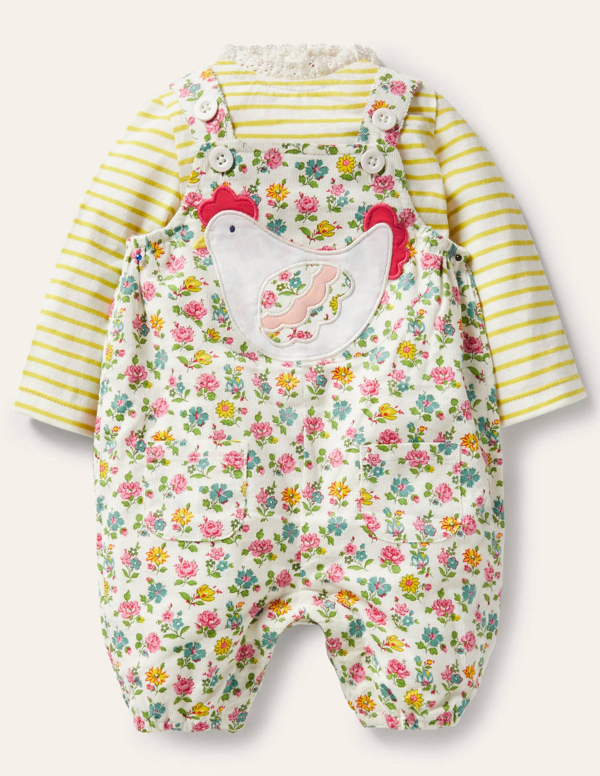 Cord Dungaree Set-Ivory Patchwork Floral - Image 1