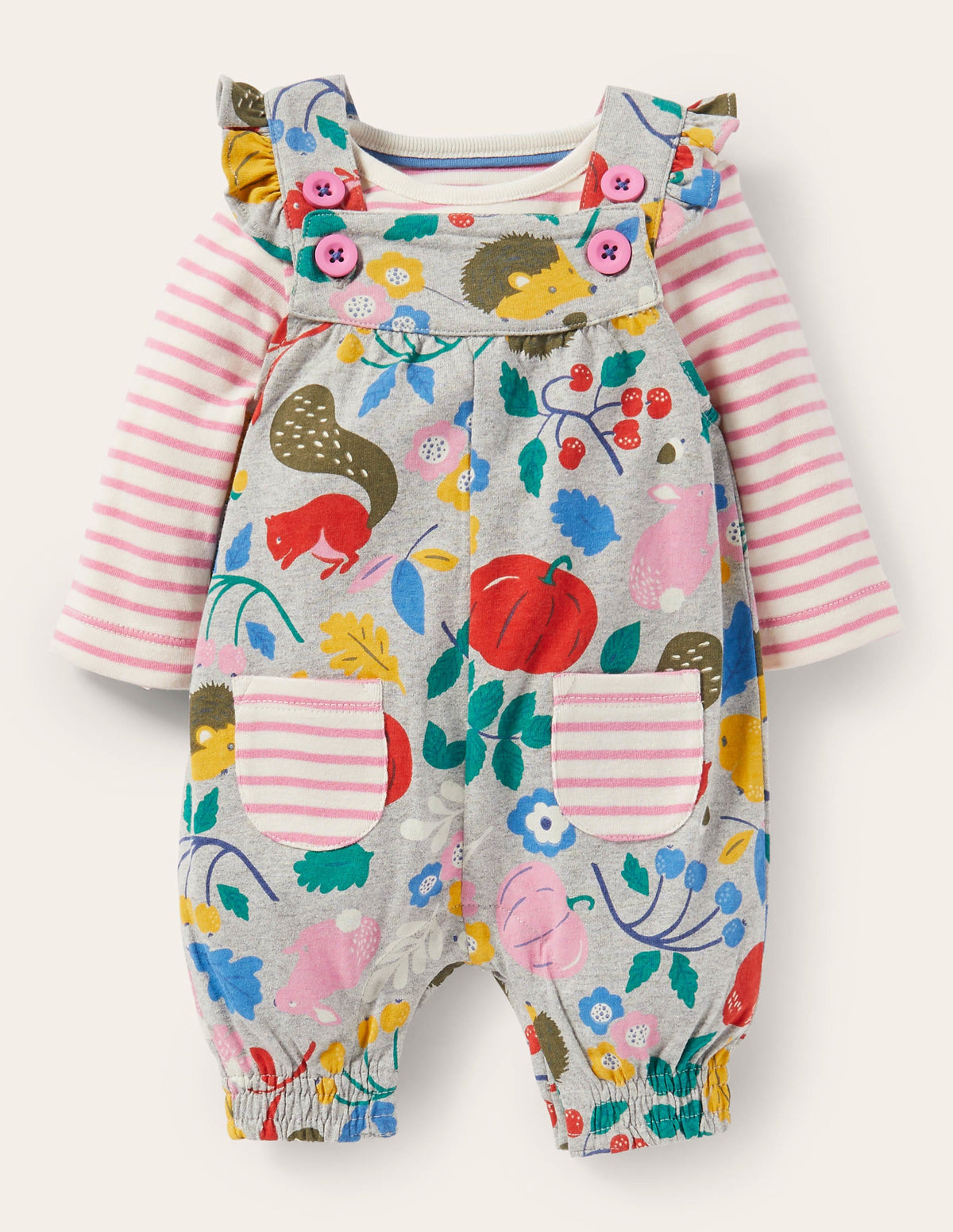 Jersey Dungaree Set-Grey Marl Forest Friends-1