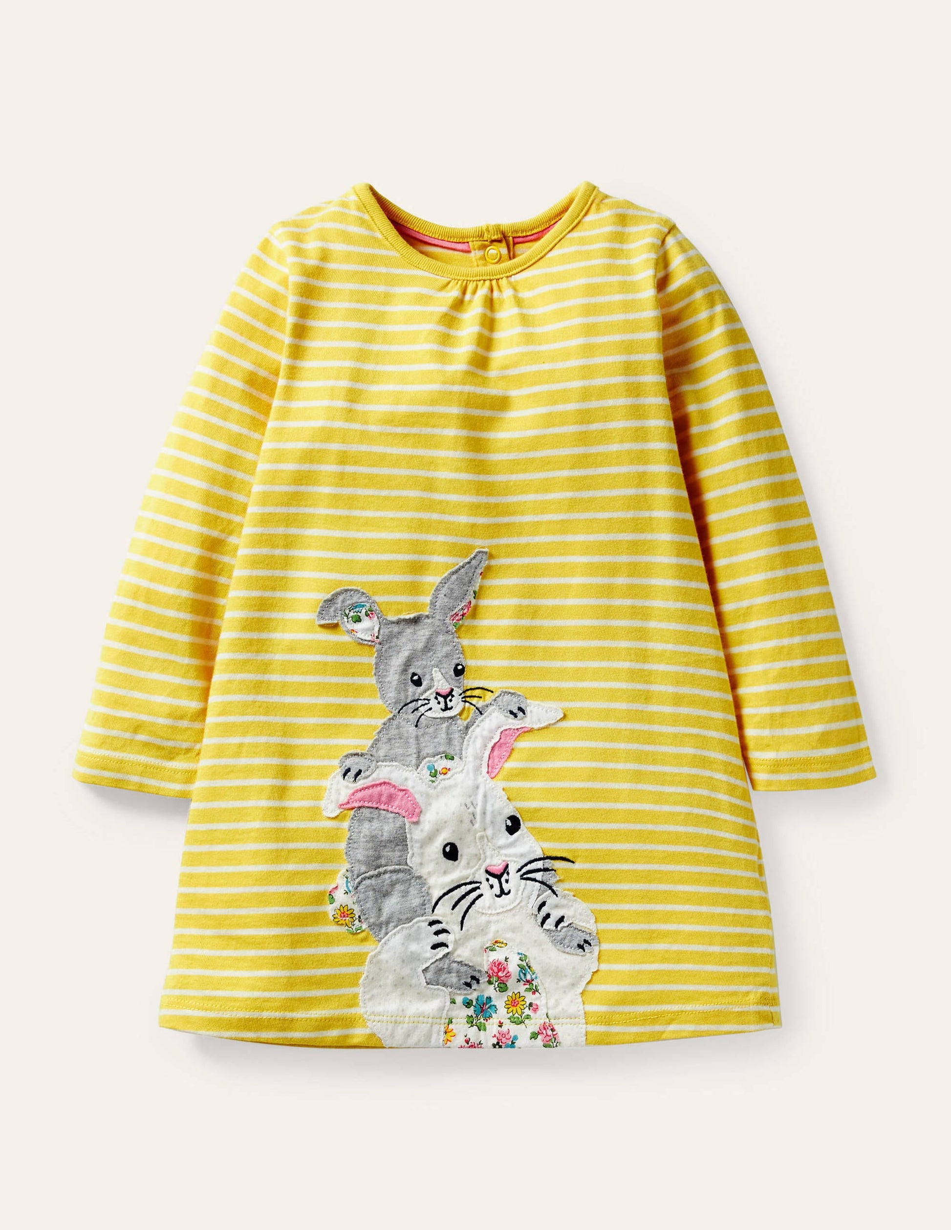 Big Appliqué Dress-Sweetcorn Yellow/Ivory Bunnies-1