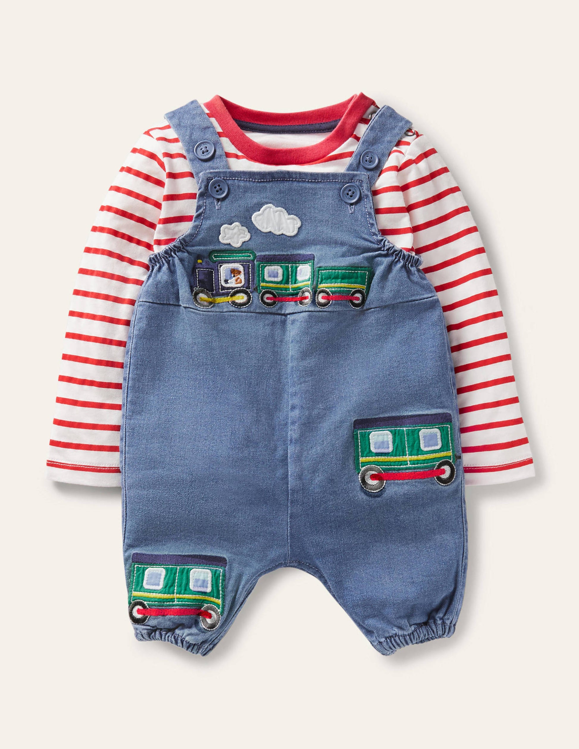 Fun Dungaree Set-Chambray Denim Trains-1