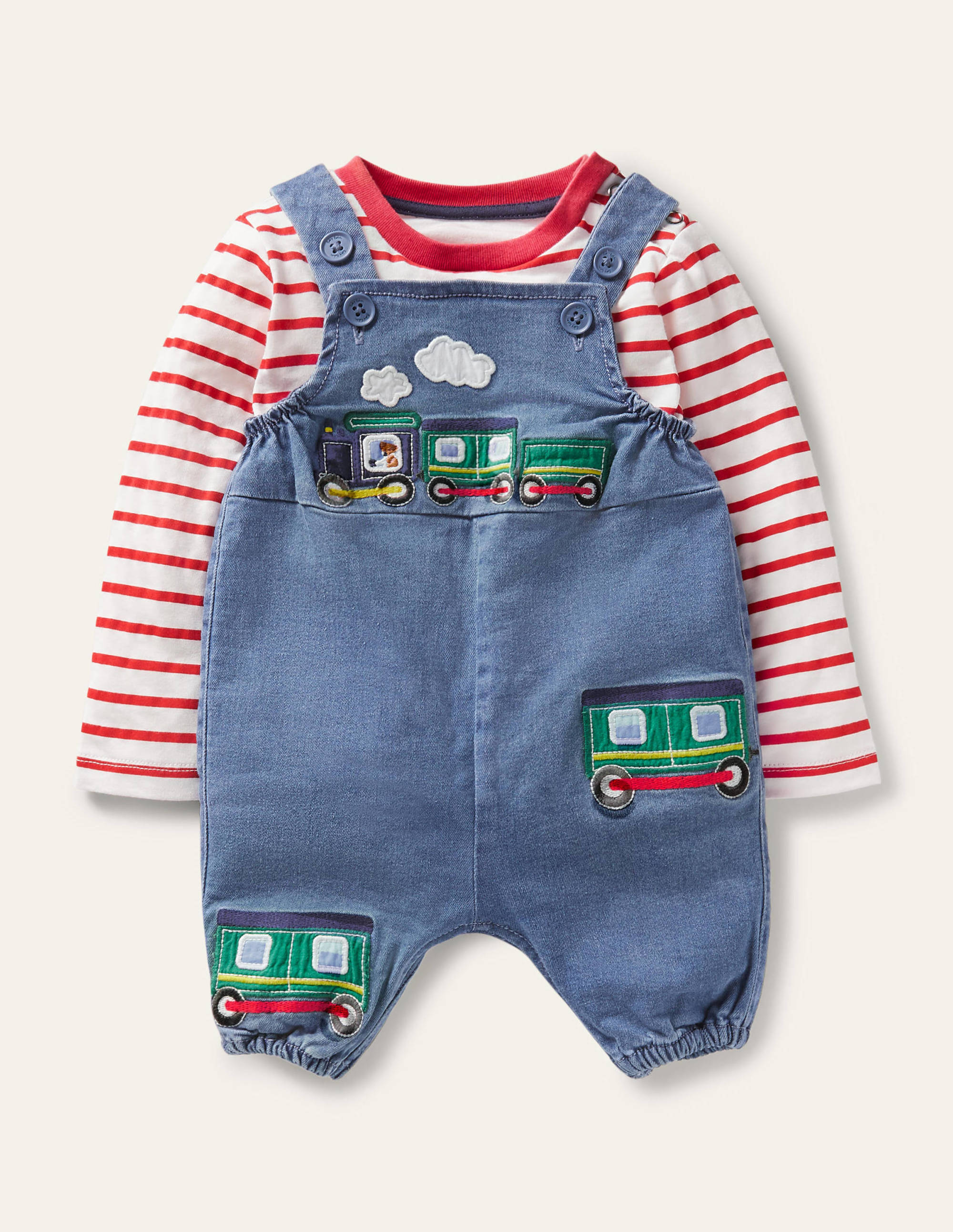 Fun Dungaree Set-Chambray Denim Trains - Image 1