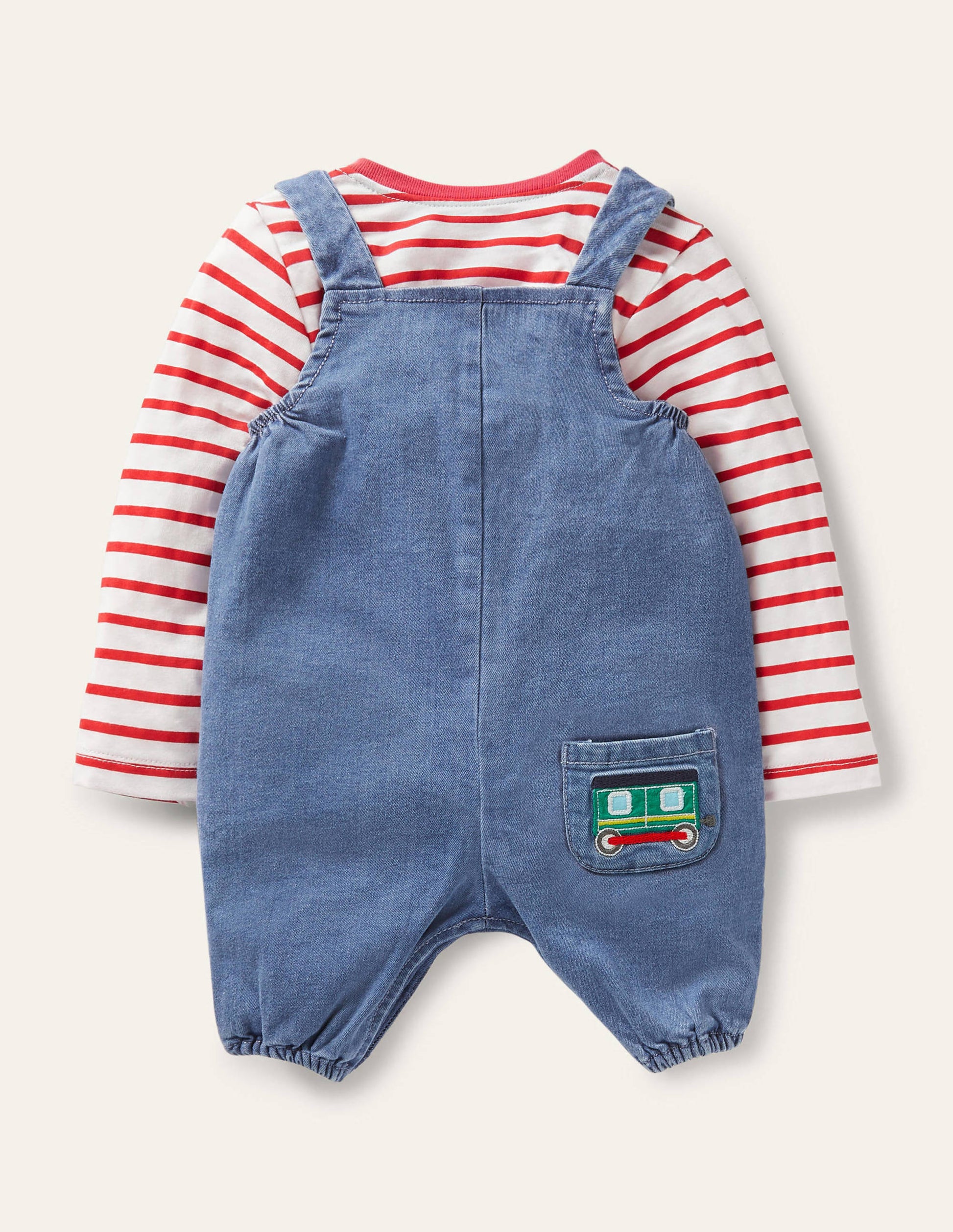 Fun Dungaree Set-Chambray Denim Trains-2