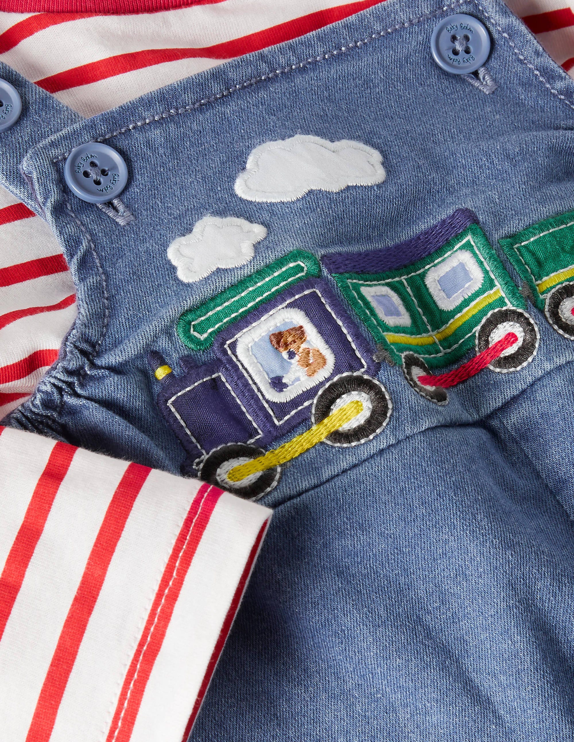 Fun Dungaree Set-Chambray Denim Trains - Image 3