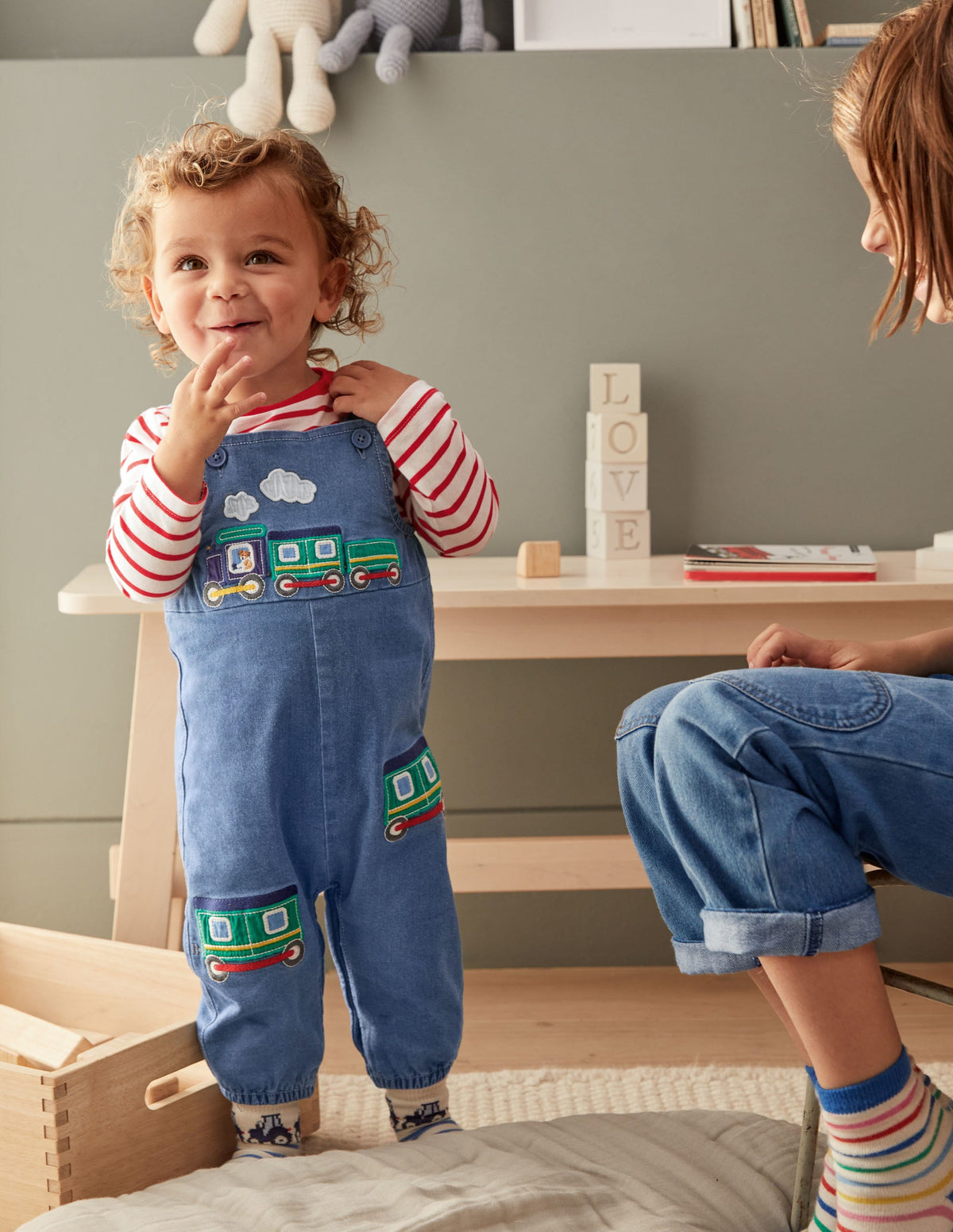 Fun Dungaree Set-Chambray Denim Trains-4