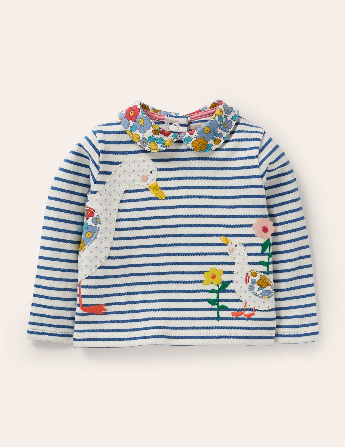 Big Appliqué Collared T-shirt-Ivory/Venice Blue Ducks