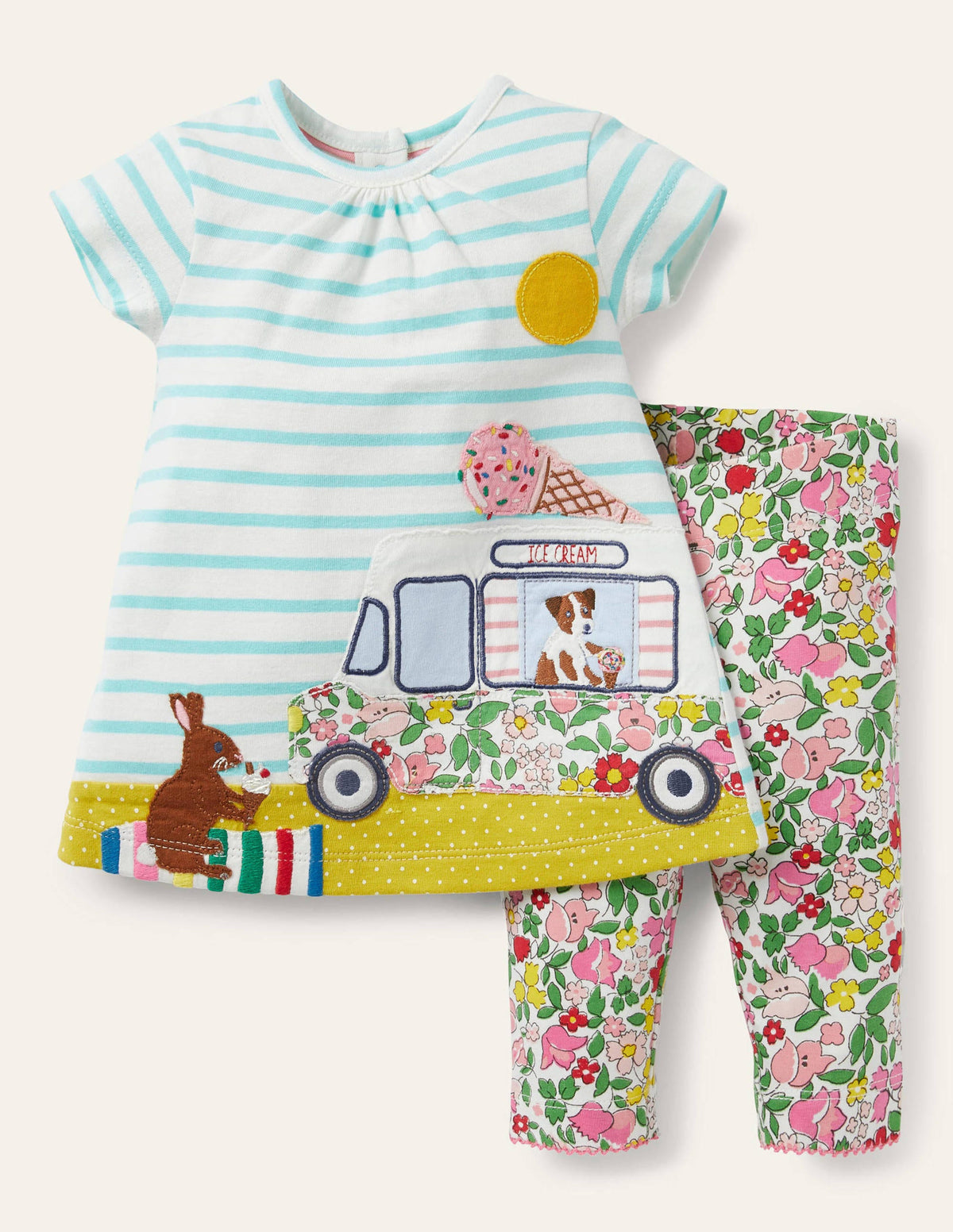 Appliqué Dress & Leggings Set-Ivory/Aqua Blue Truck - Image 1