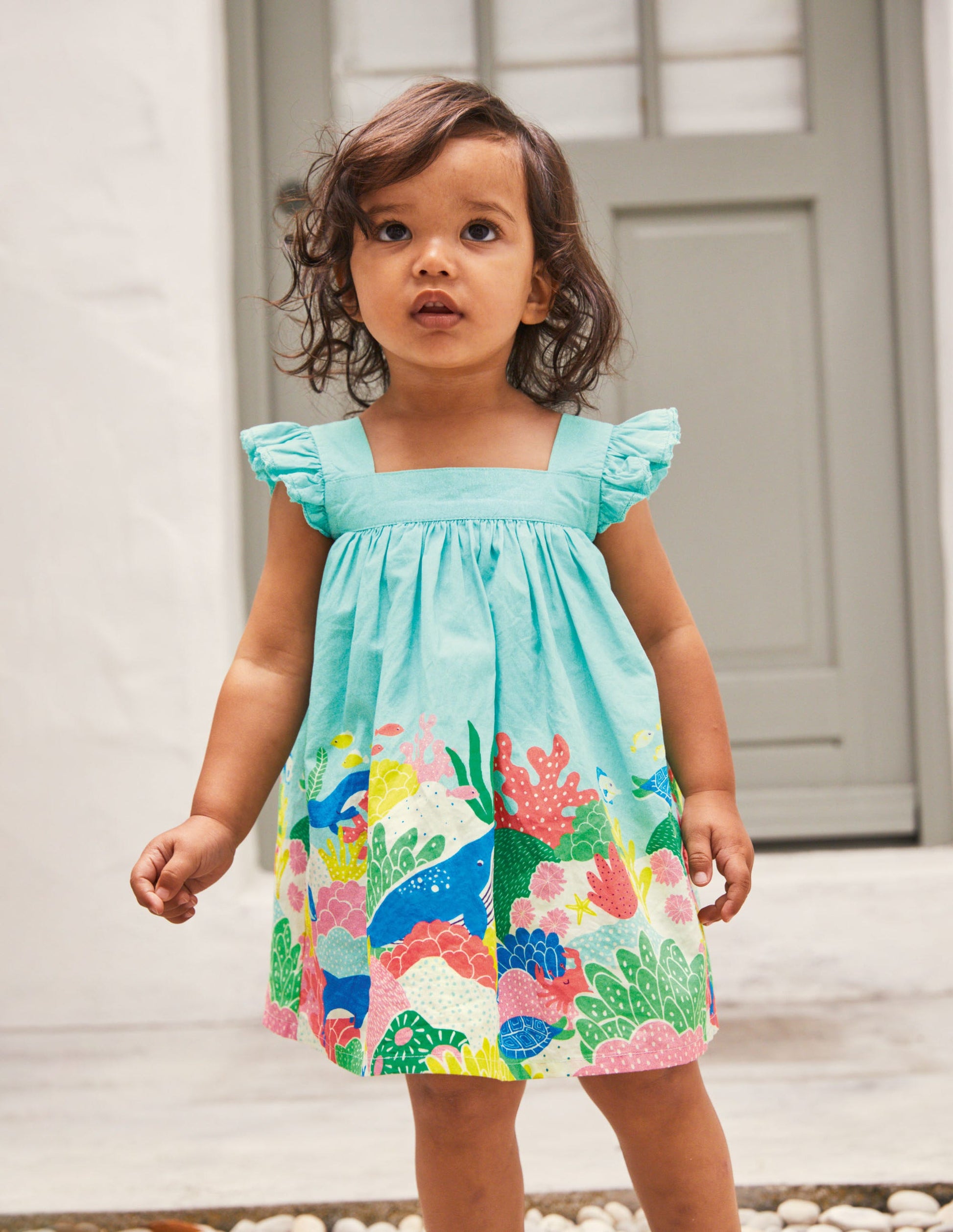 Woven Coral Scene Dress-Georgian Blue Coral Reef-4