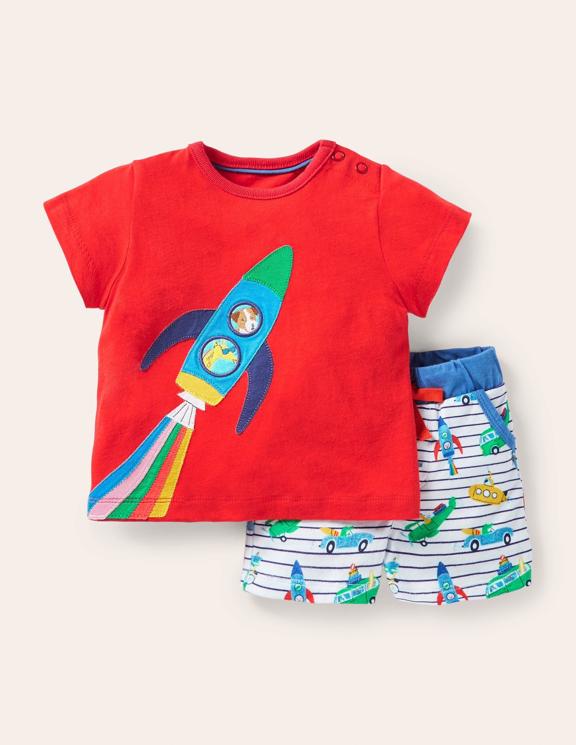 Applique' Short Set-Ivory/Blue Animal Adventures - Image 1