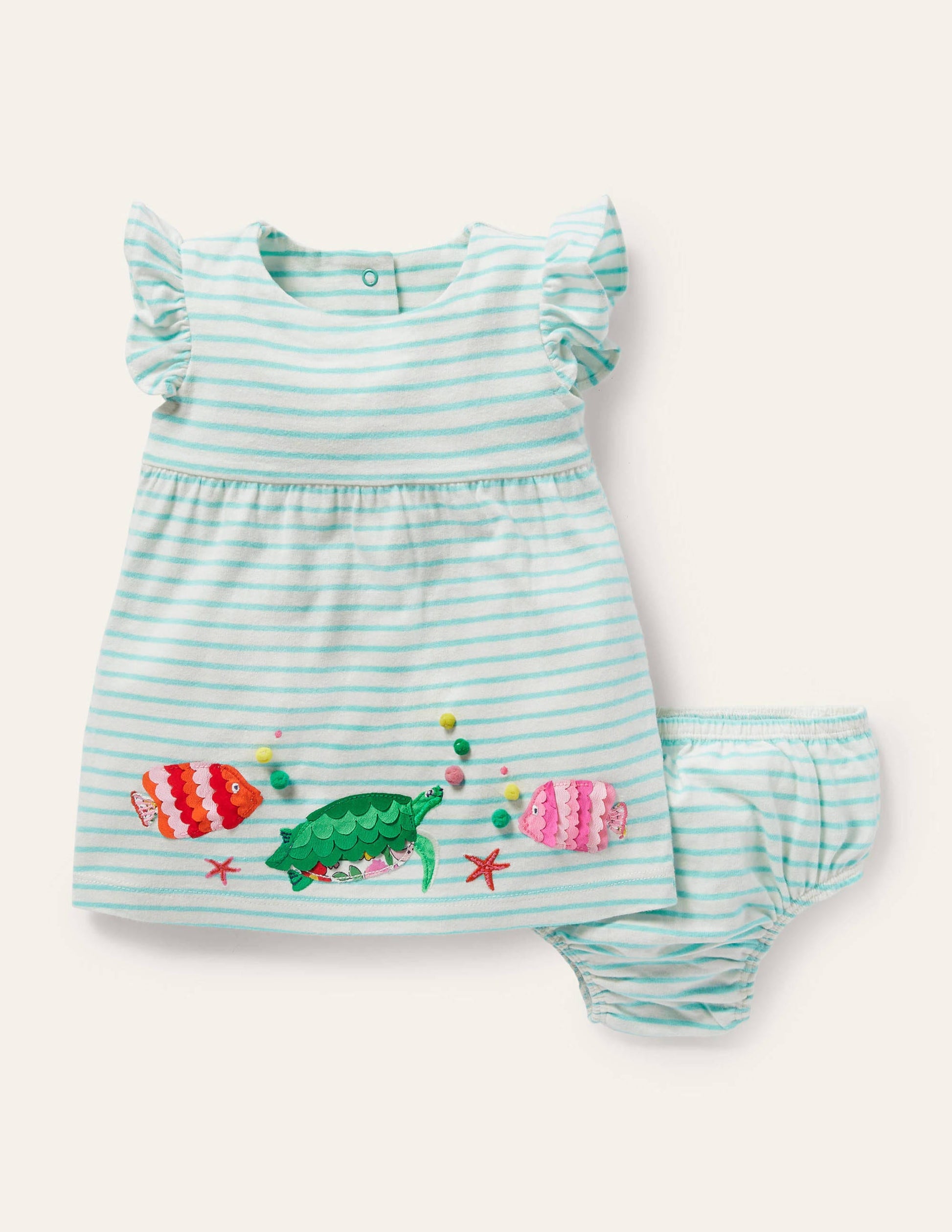 Striped Appliqué Jersey Dress-Ivory/Georgian Blue Fish-1