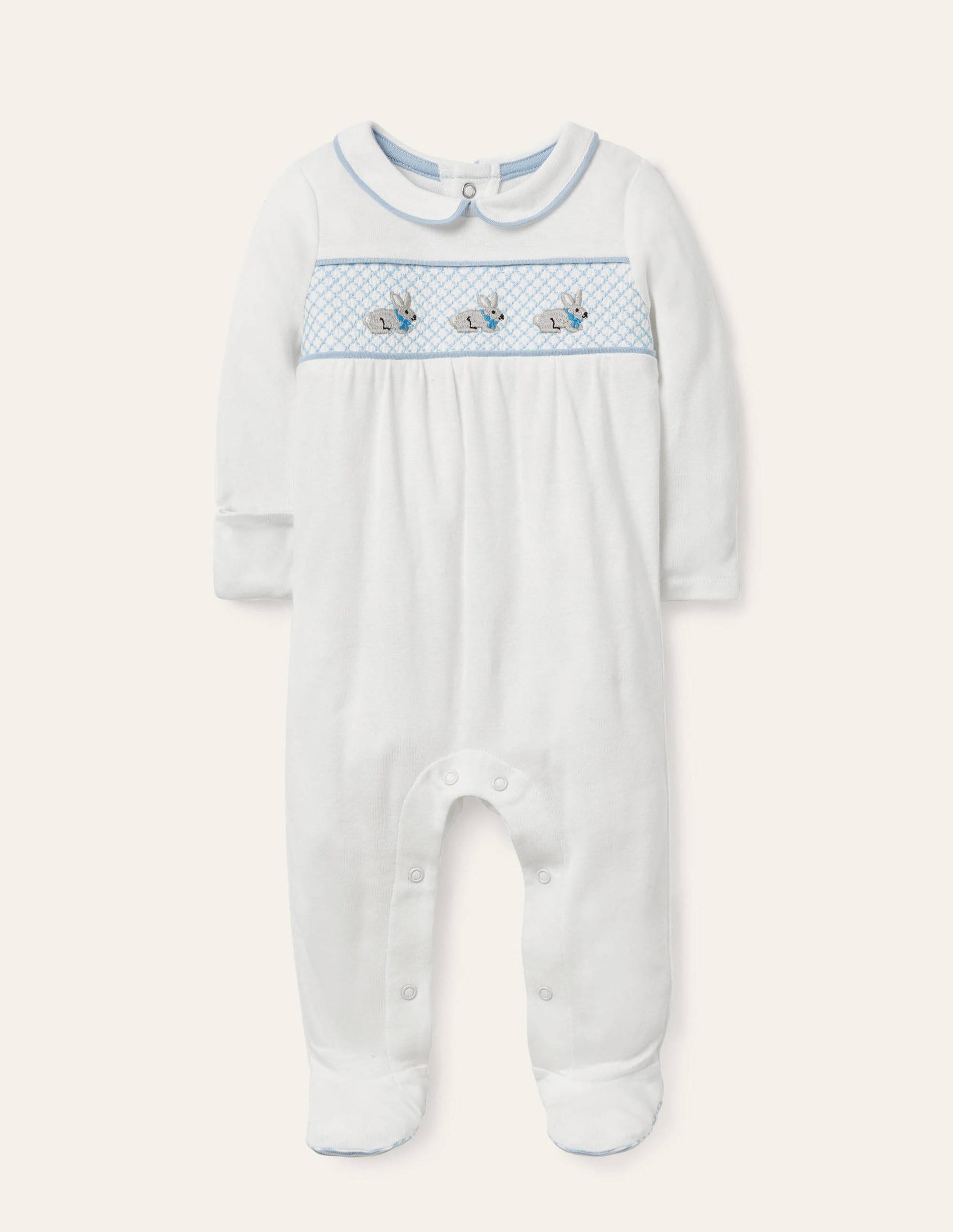 Organic Smocked Sleepsuit-Ivory Bunnies-1