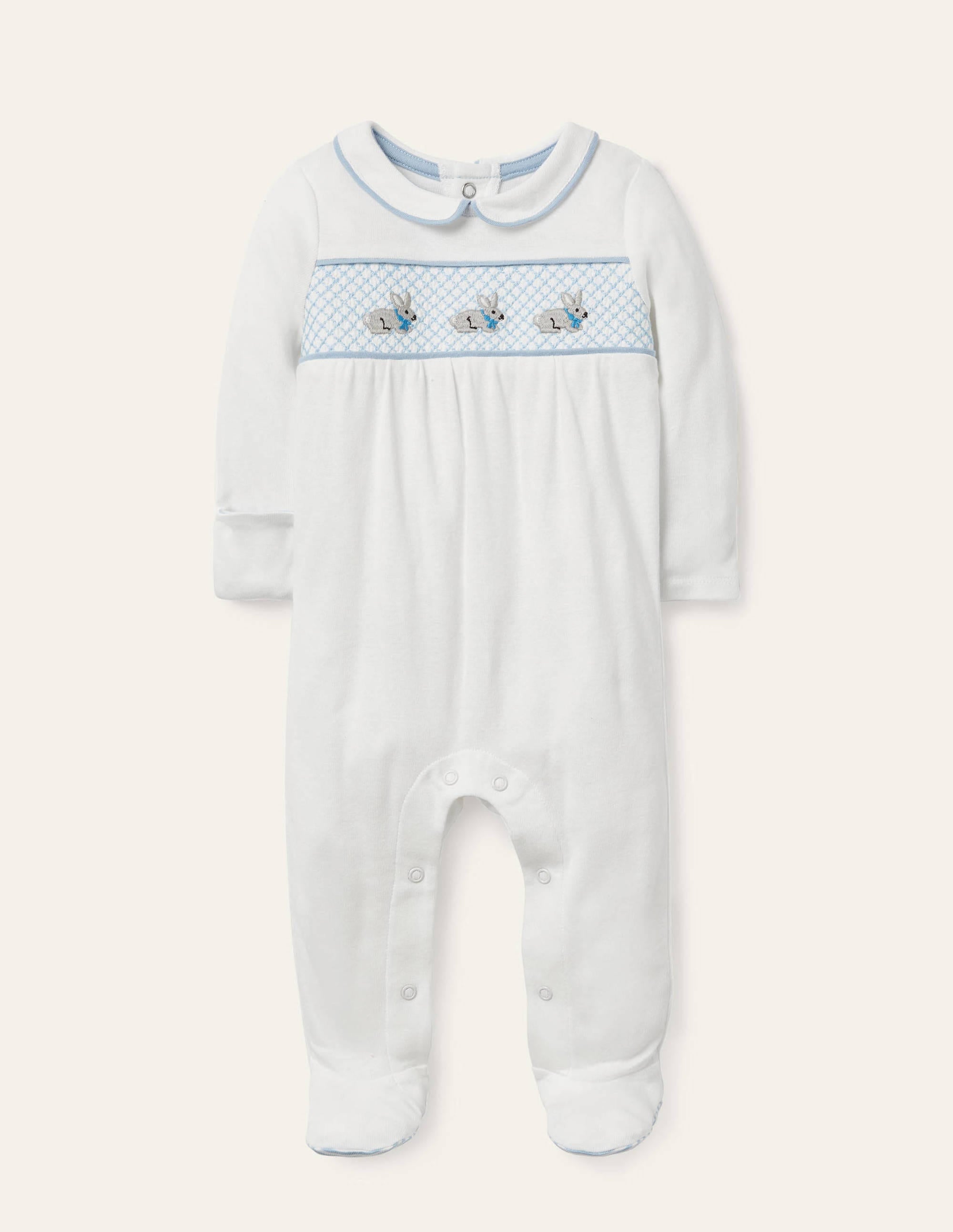 Organic Smocked Sleepsuit-Ivory Bunnies - Image 1