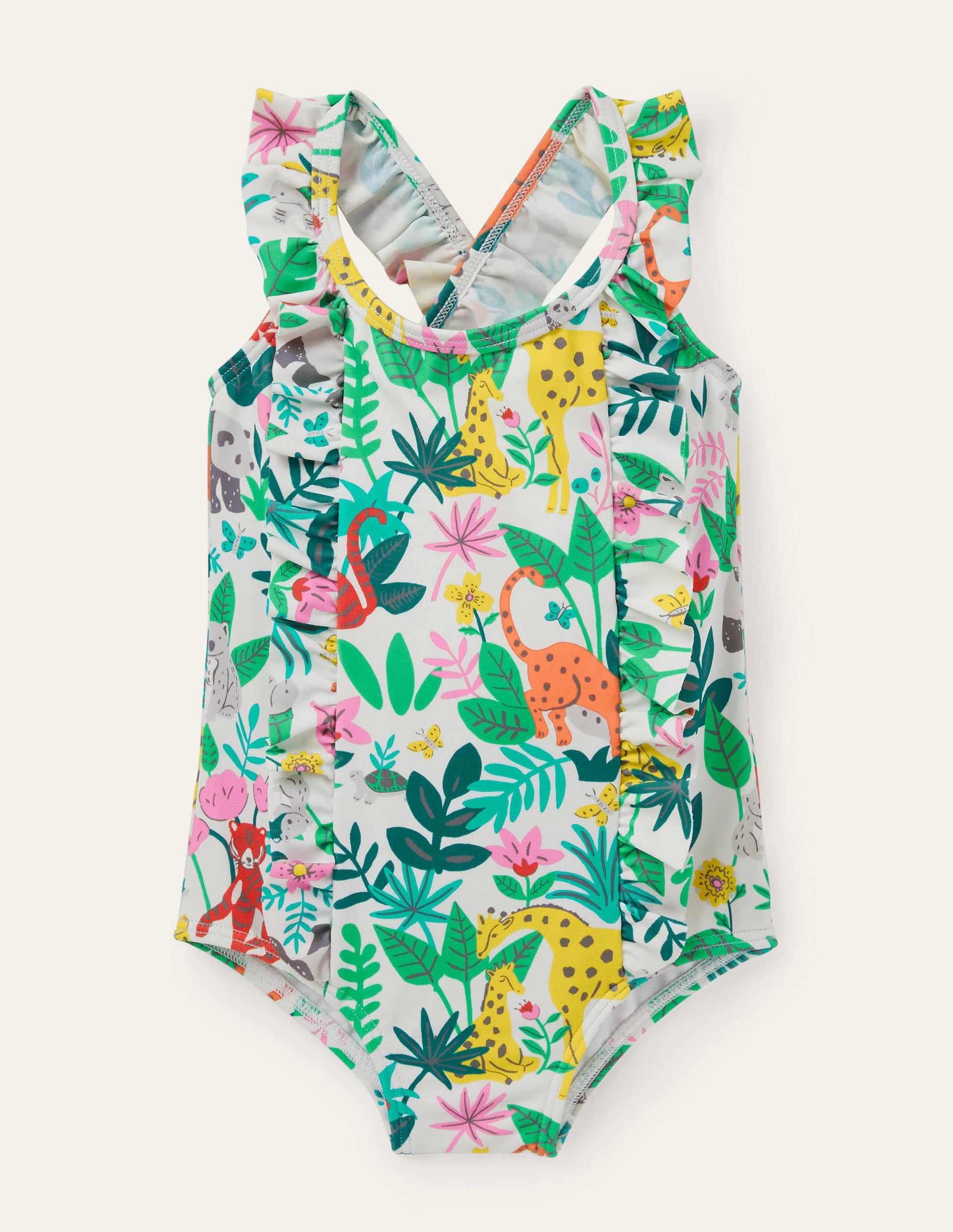 Frilly Cross-back Swimsuit-Multi Jungle Friends-1