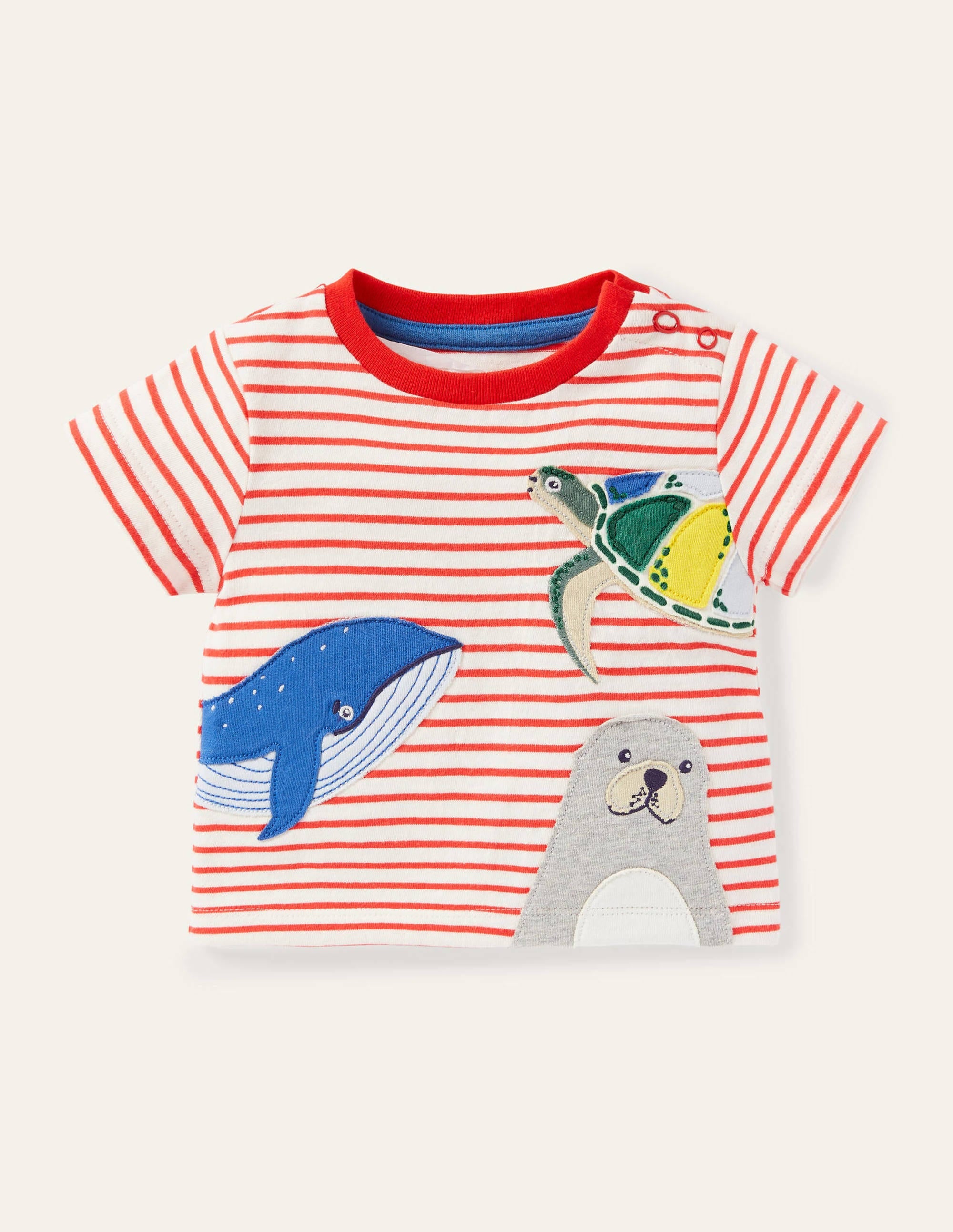 Peeking Animals Stripy T-shirt-Ivory/Red Under the Sea - Image 1