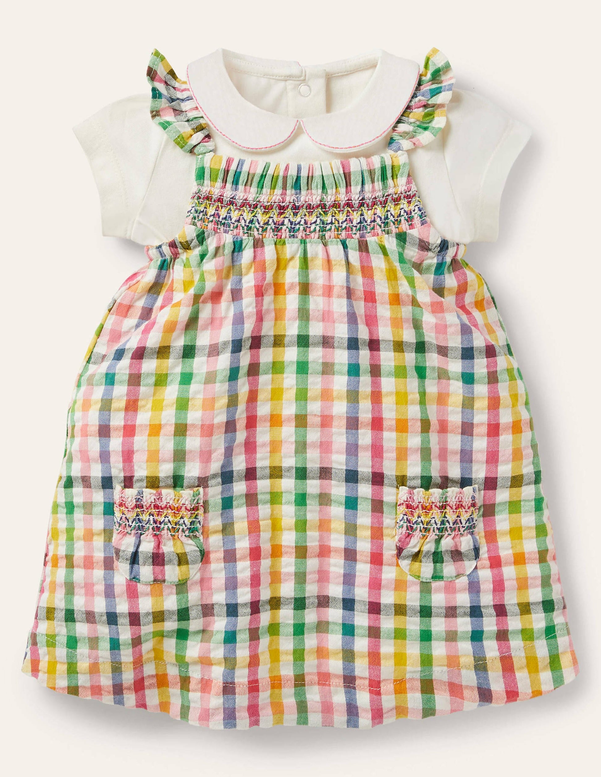Smocked Gingham Pinnie Set-Party Pink Gingham-1