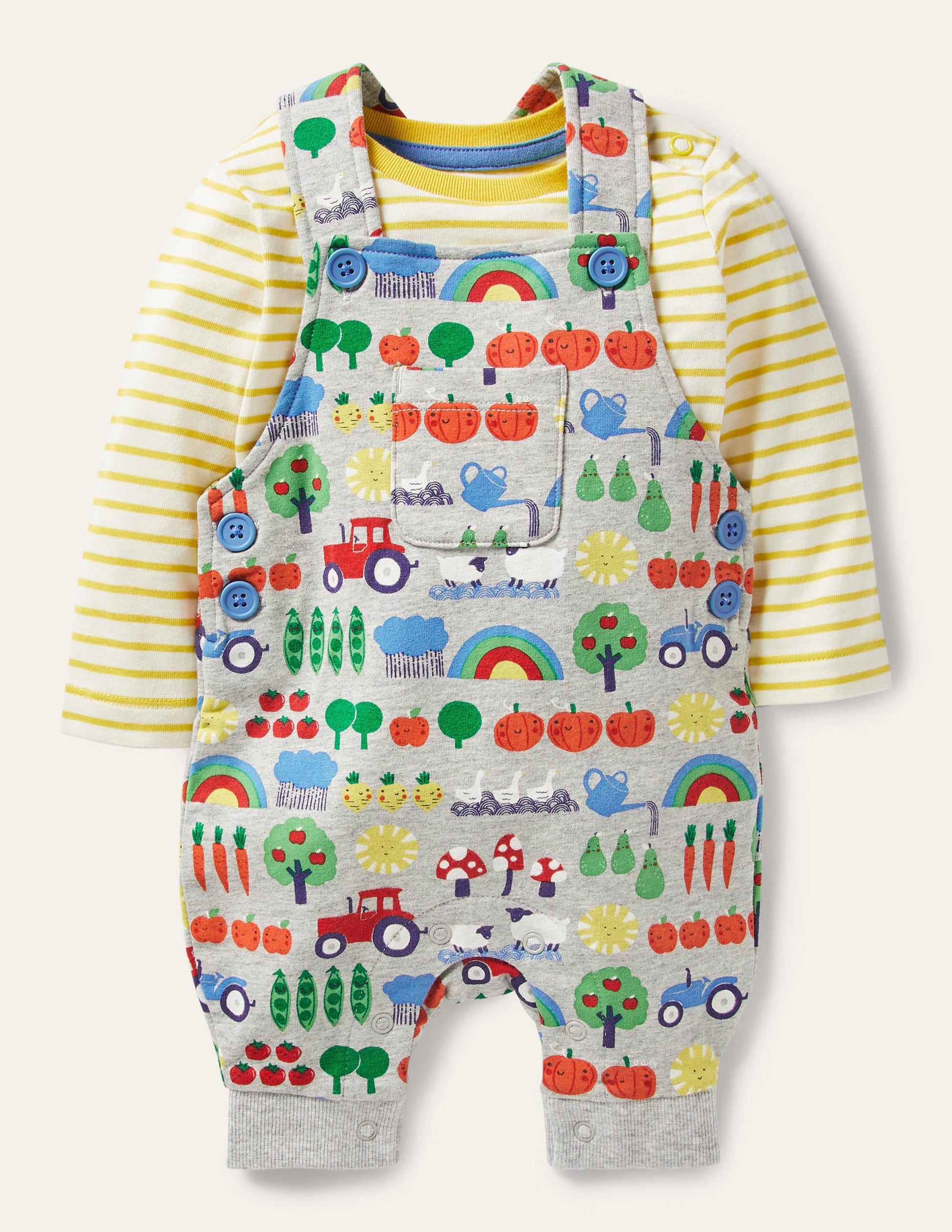 Printed Jersey Dungaree Set-Grey Marl Garden Gang-1