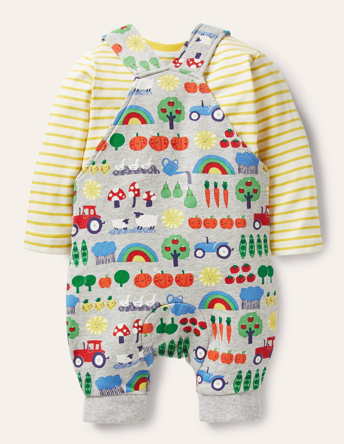 Printed Jersey Dungaree Set-Grey Marl Garden Gang-2