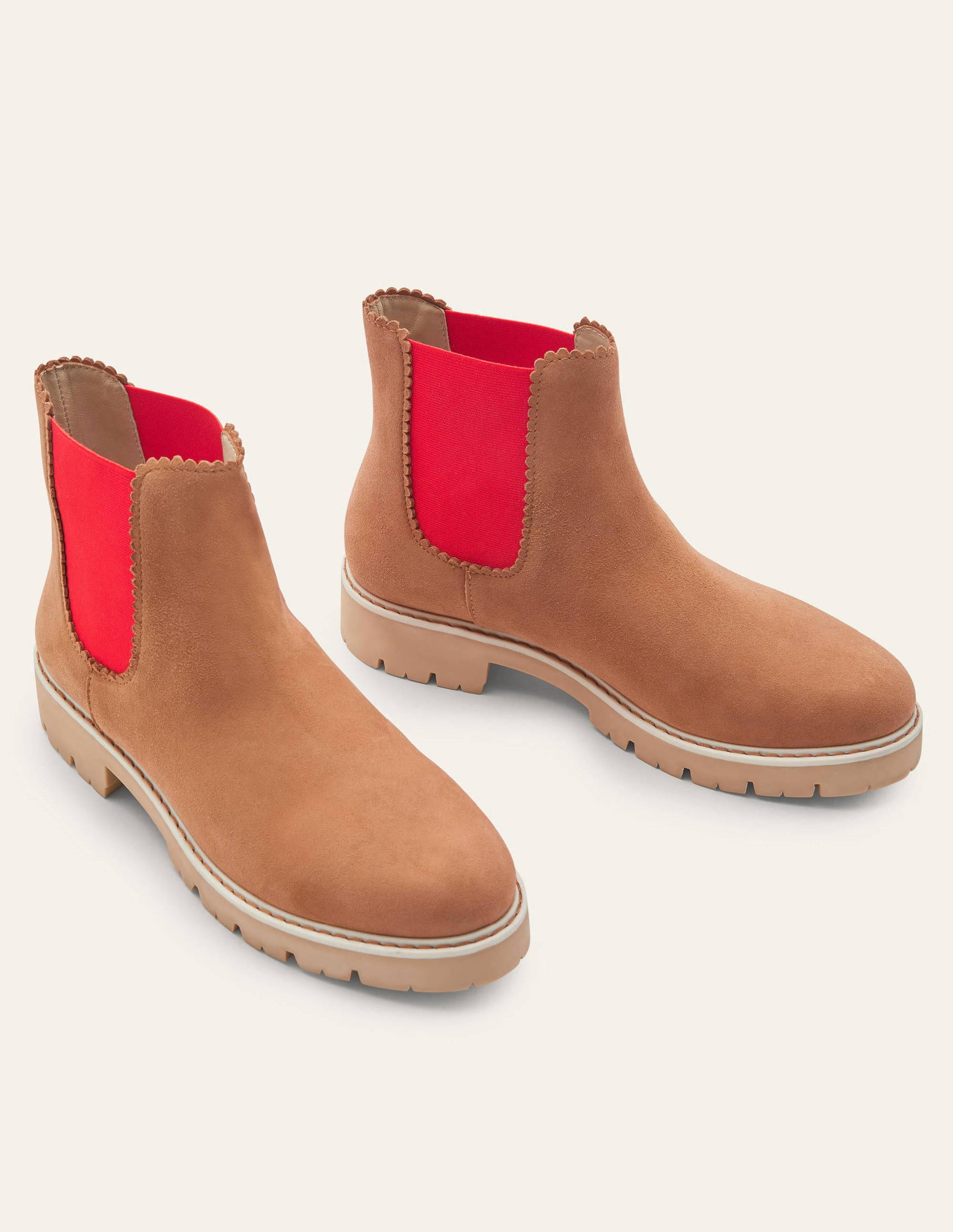 Scallop Detail Chelsea Boots-Tan/Cherry Red-1