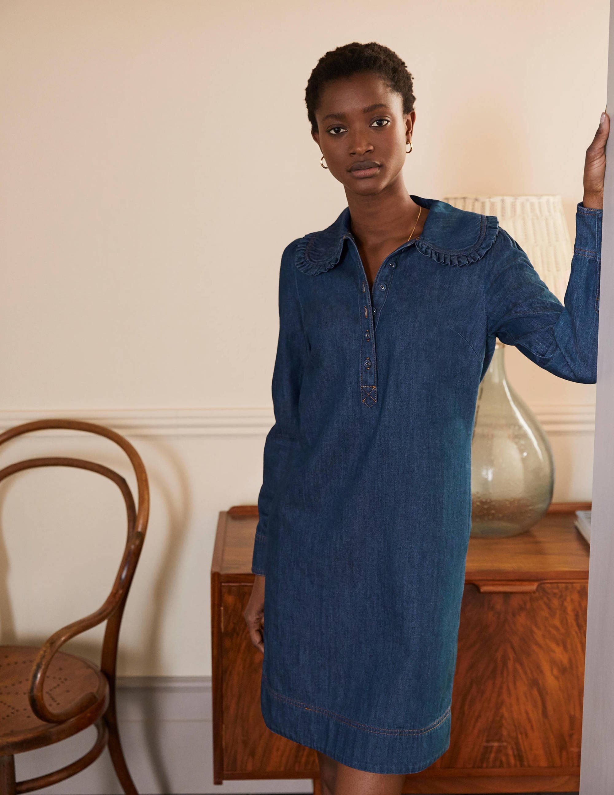 Statement Collar Denim Dress-Mid Vintage Denim - Image 1