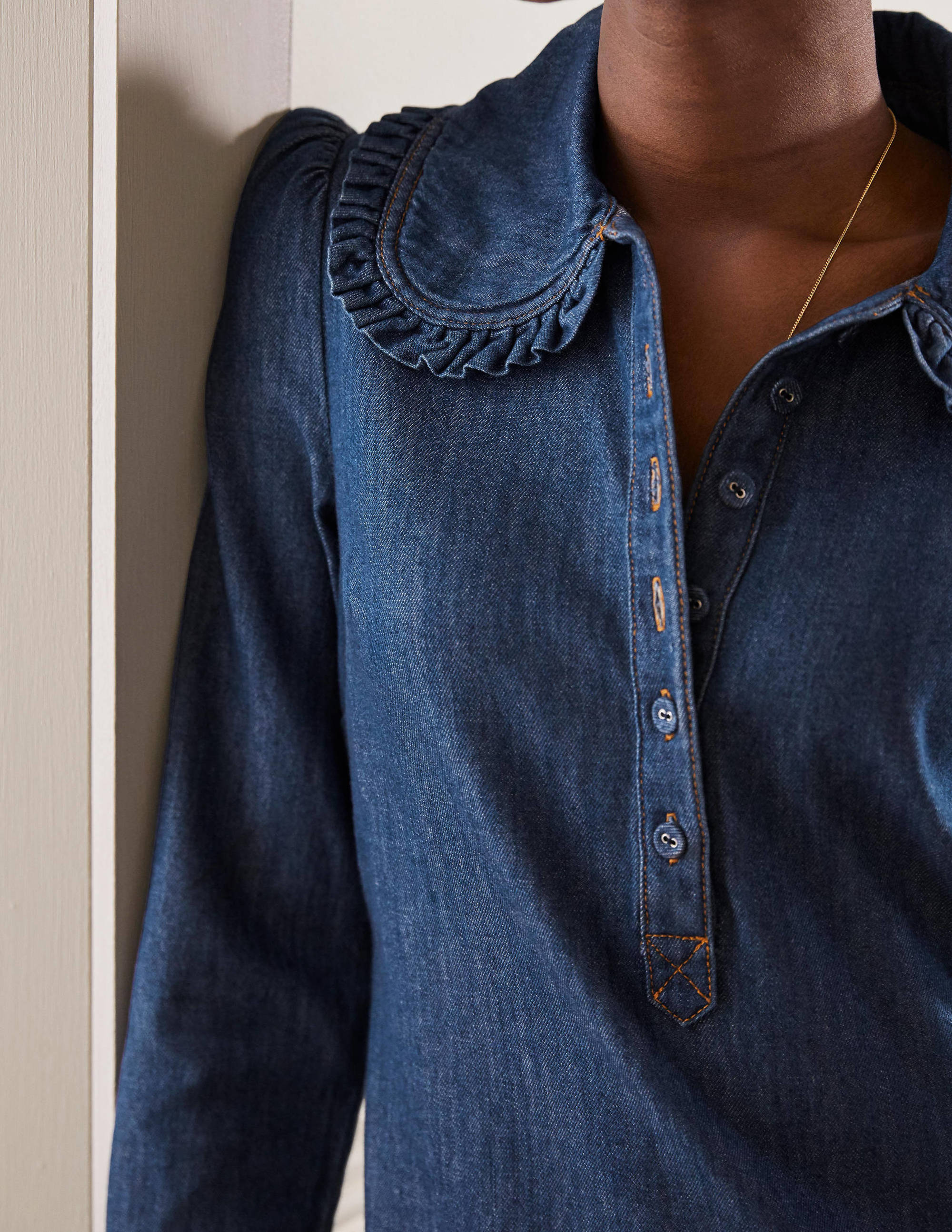 Statement Collar Denim Dress-Mid Vintage Denim - Image 2