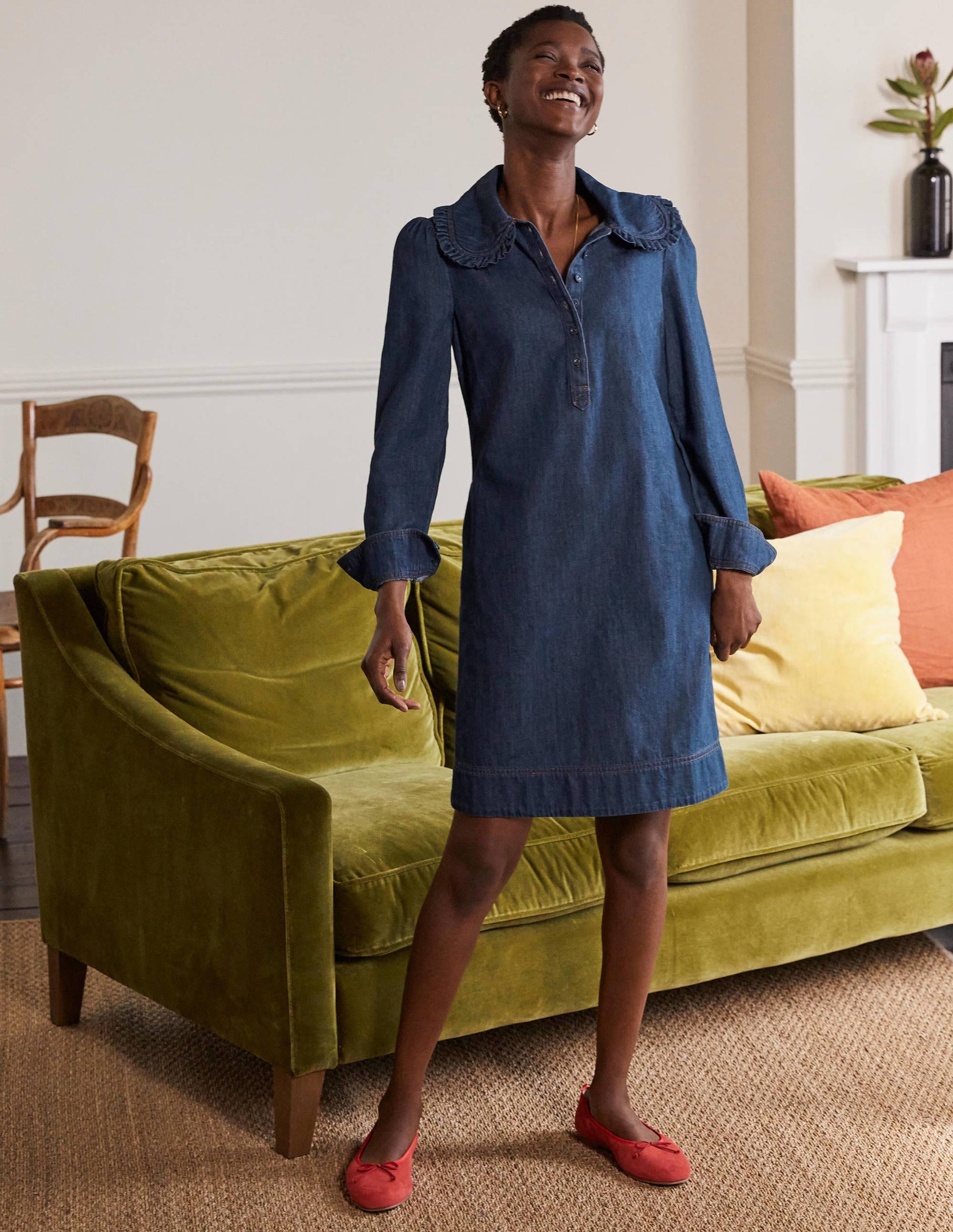 Statement Collar Denim Dress-Mid Vintage Denim-4