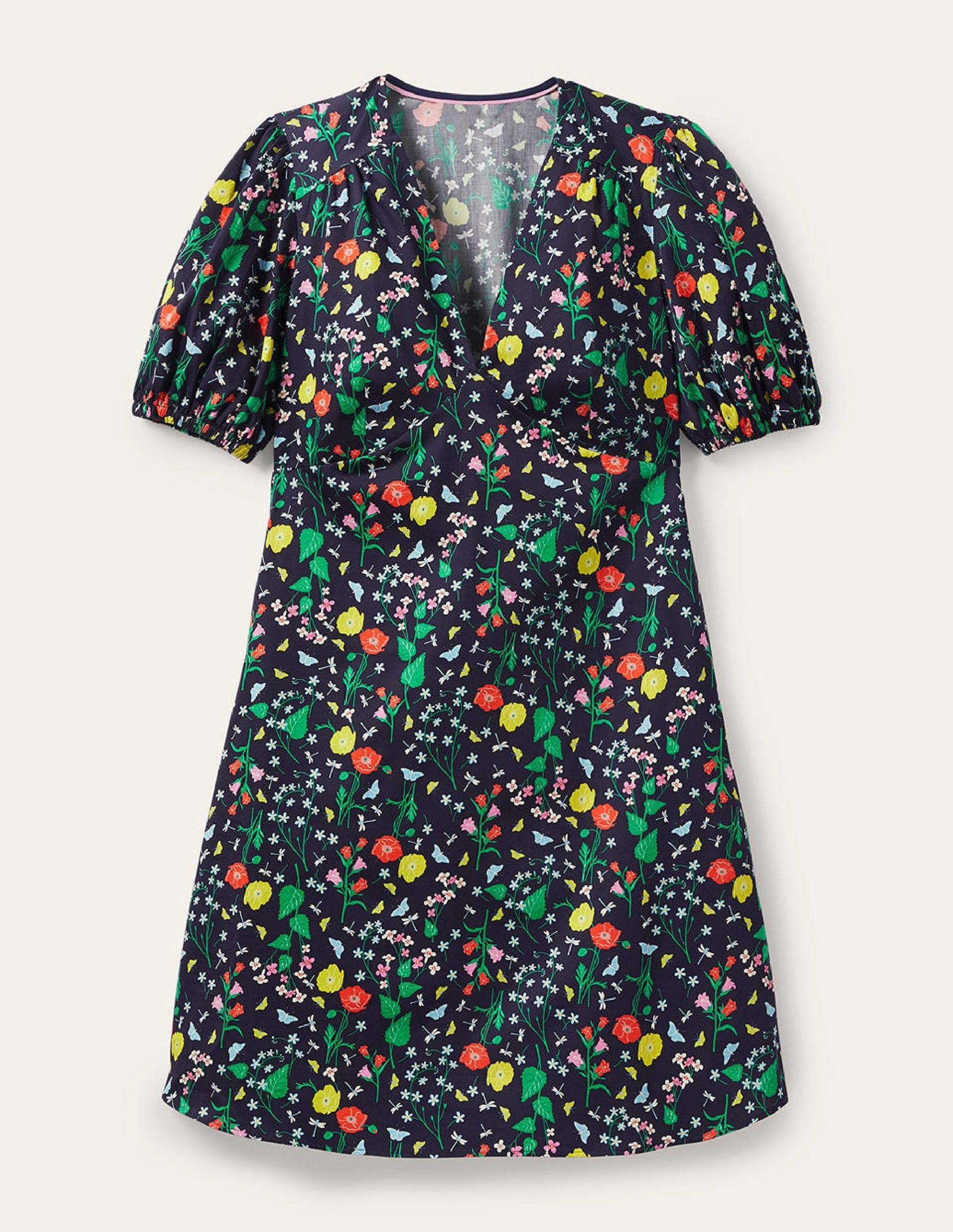 Puff Sleeve Cotton Tea Dress-French Navy, Butterfly Garden-5