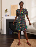 Puff Sleeve Cotton Tea Dress-French Navy, Butterfly Garden
