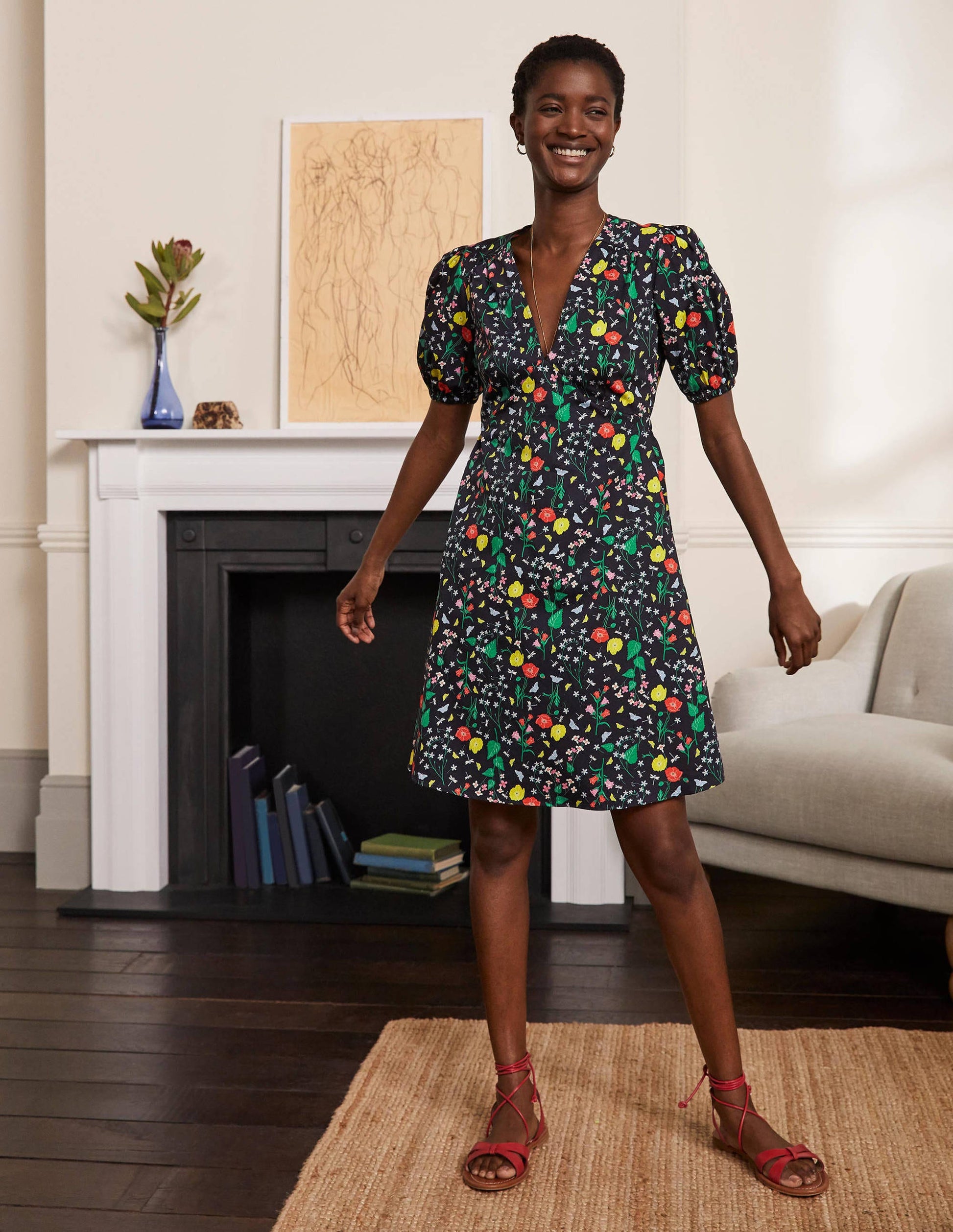 Puff Sleeve Cotton Tea Dress-French Navy, Butterfly Garden-1