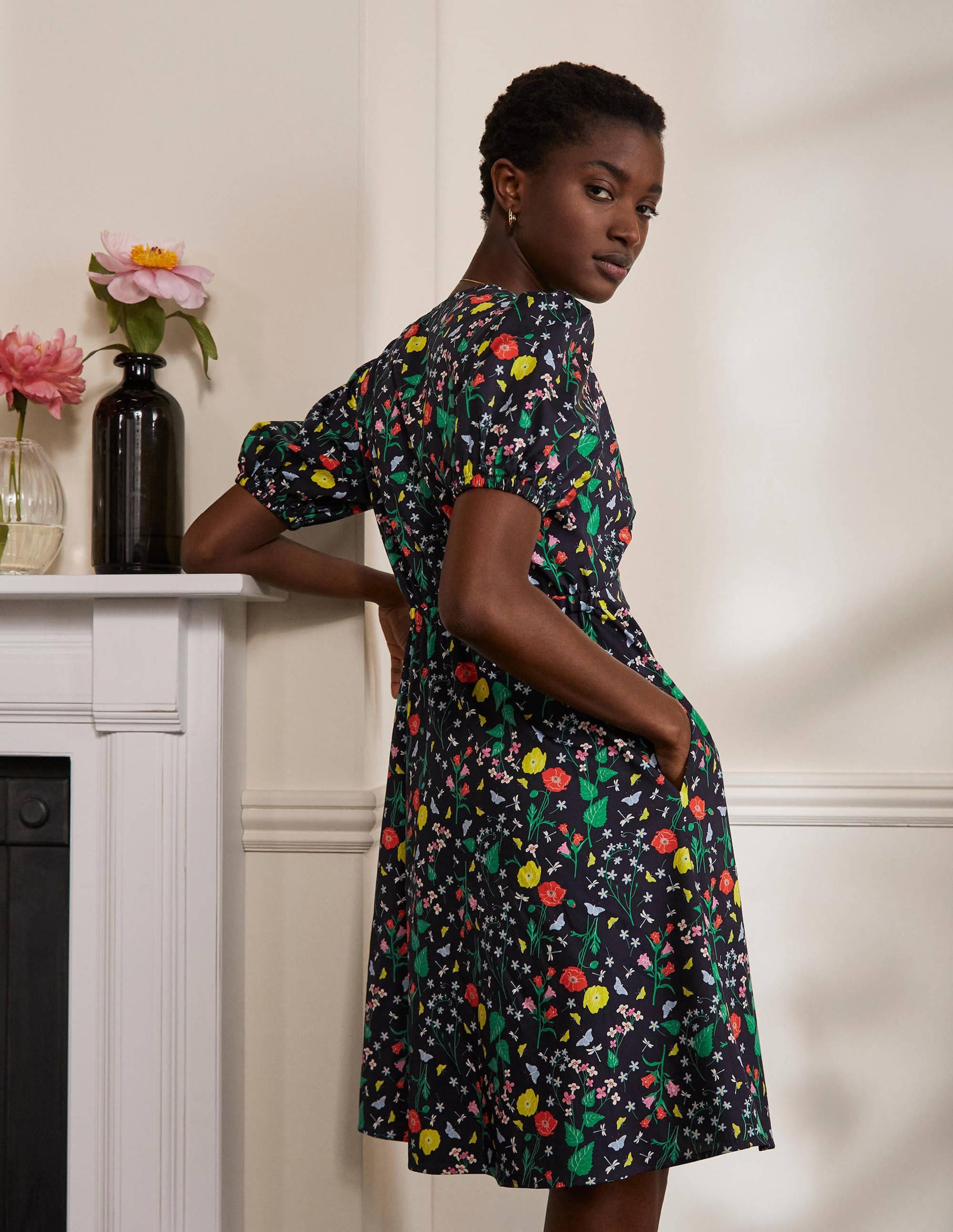 Puff Sleeve Cotton Tea Dress-French Navy, Butterfly Garden-3