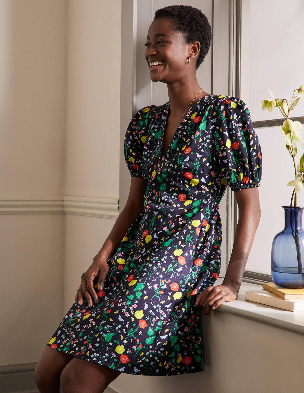 Puff Sleeve Cotton Tea Dress-French Navy, Butterfly Garden - Image 4
