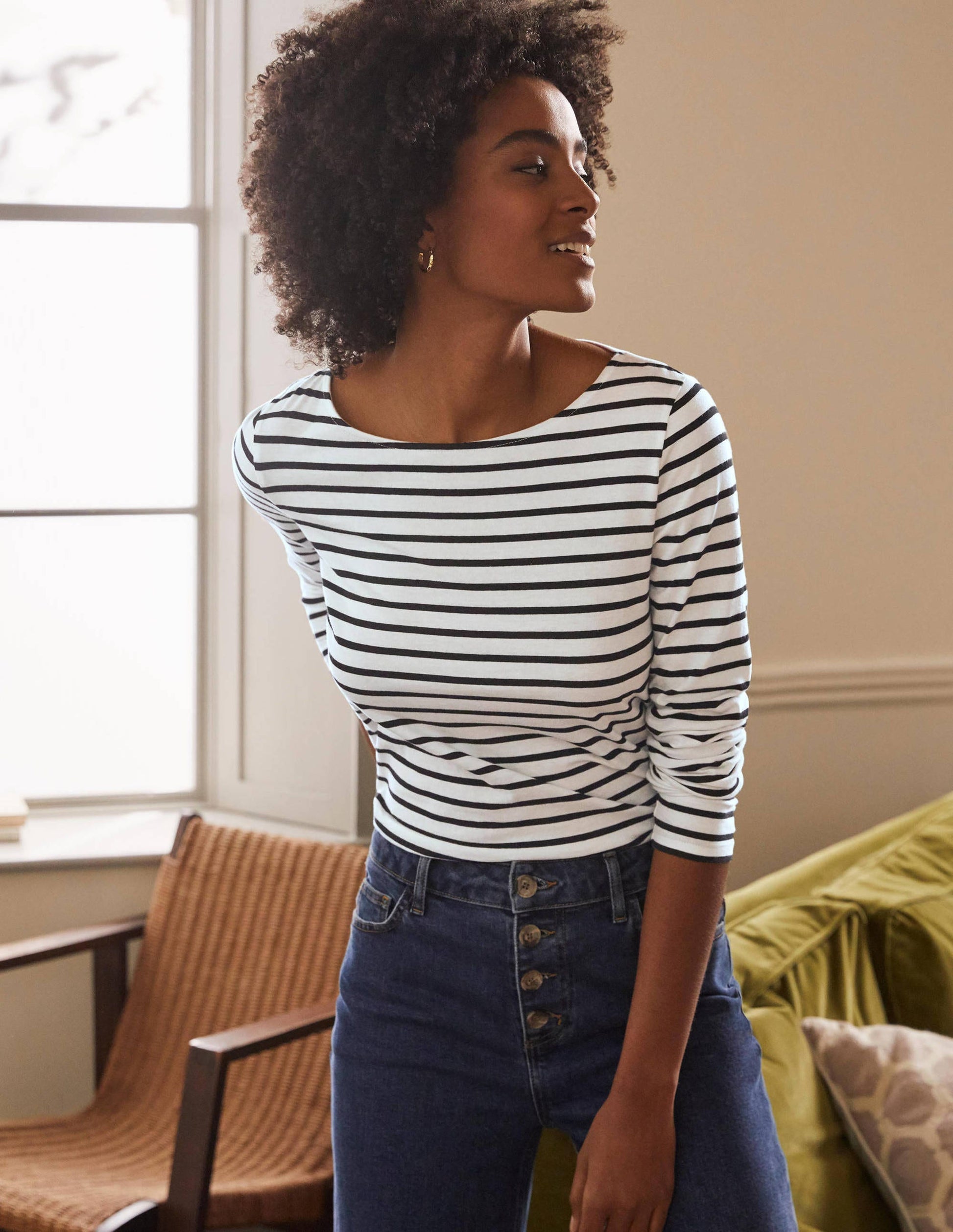White/Black Long Sleeve Cotton Breton Top-Ivory / Black Stripe-1