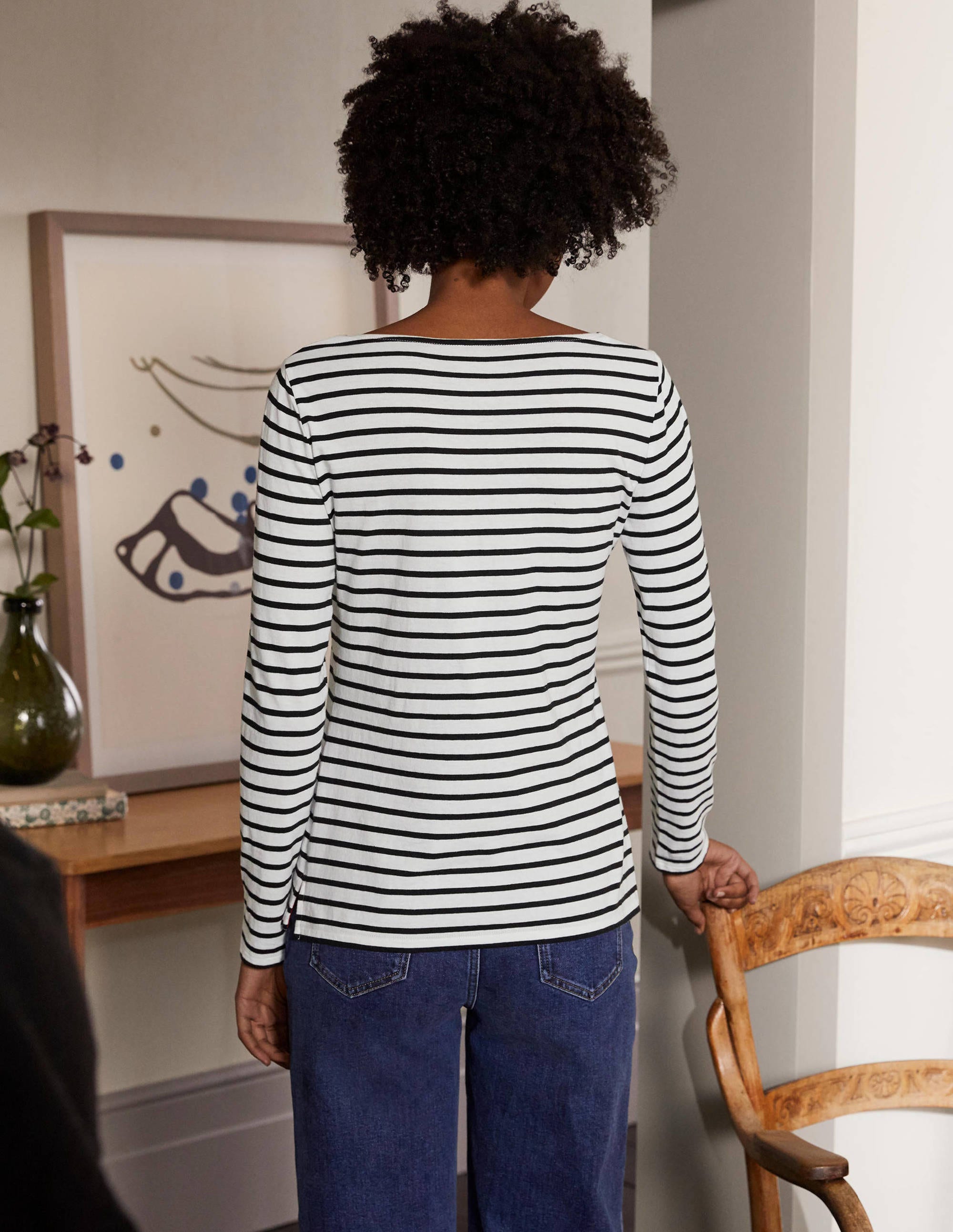 White/Black Long Sleeve Cotton Breton Top-Ivory / Black Stripe - Image 3