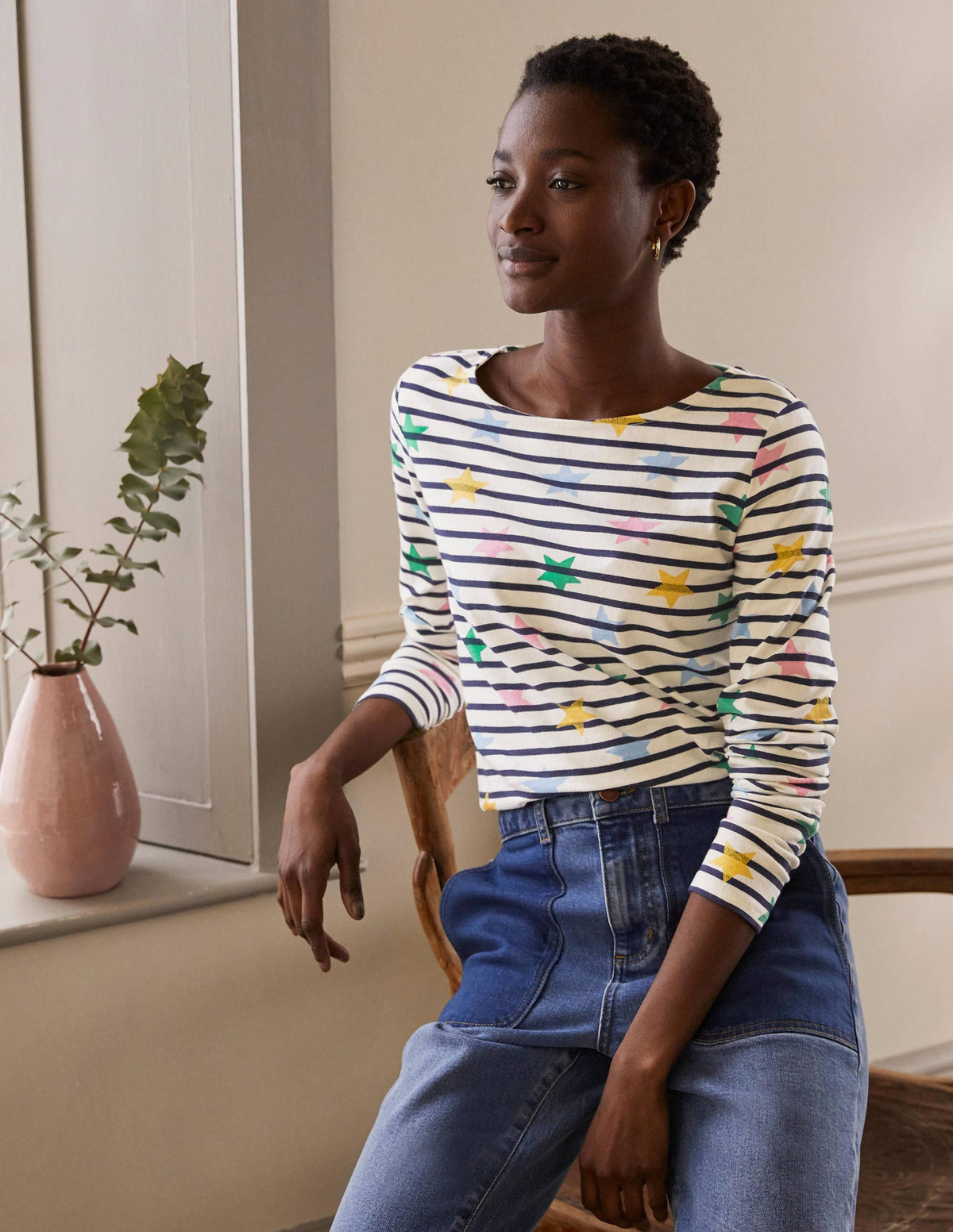 Long Sleeve Breton Top-Ivory/ Navy, Multi Star-1
