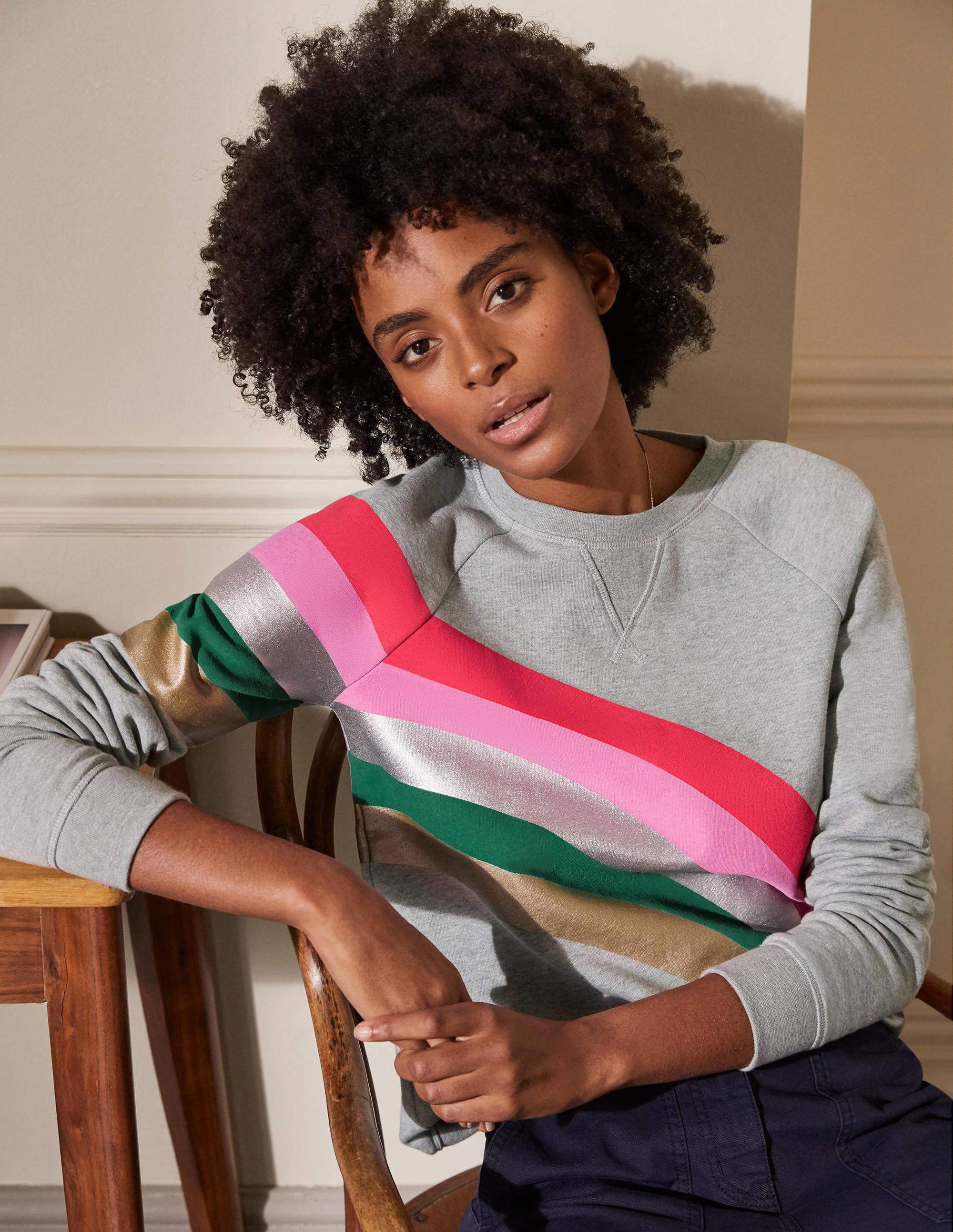 Printed Cotton Sweatshirt-Grey Marl, Rainbow Placement - Image 1