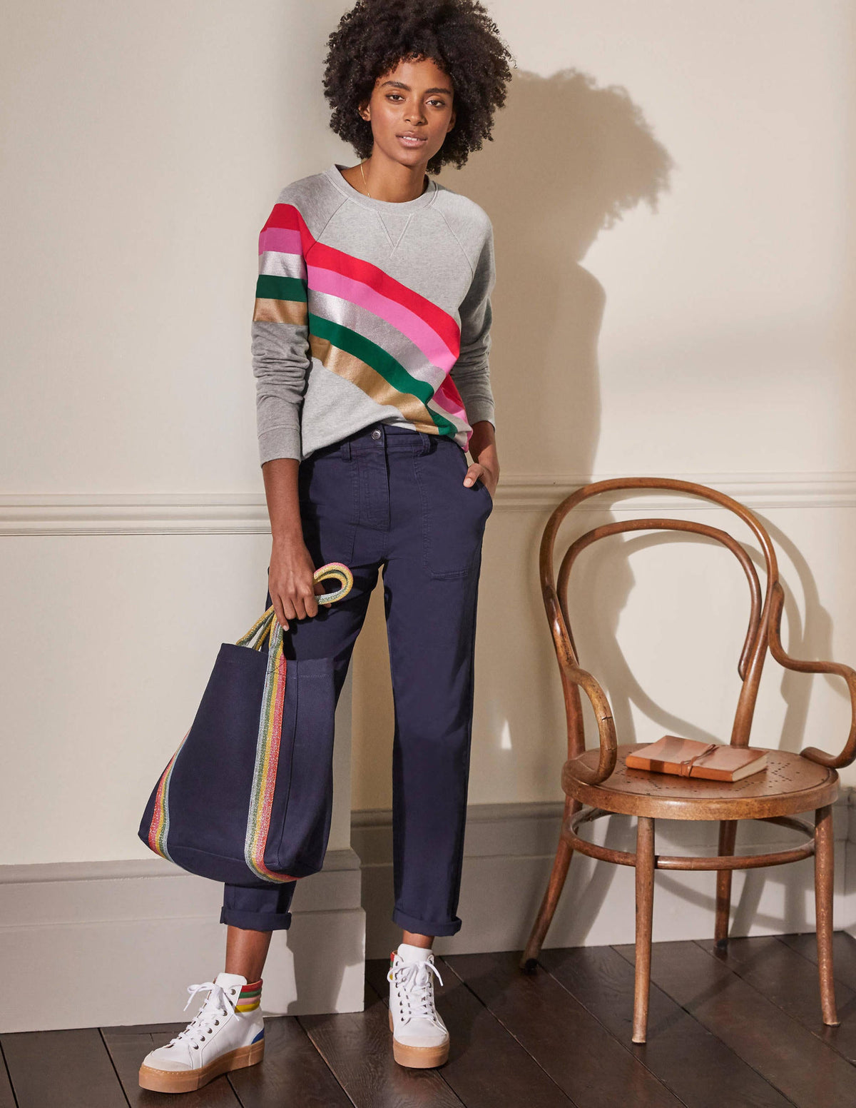Printed Cotton Sweatshirt-Grey Marl, Rainbow Placement - Image 4