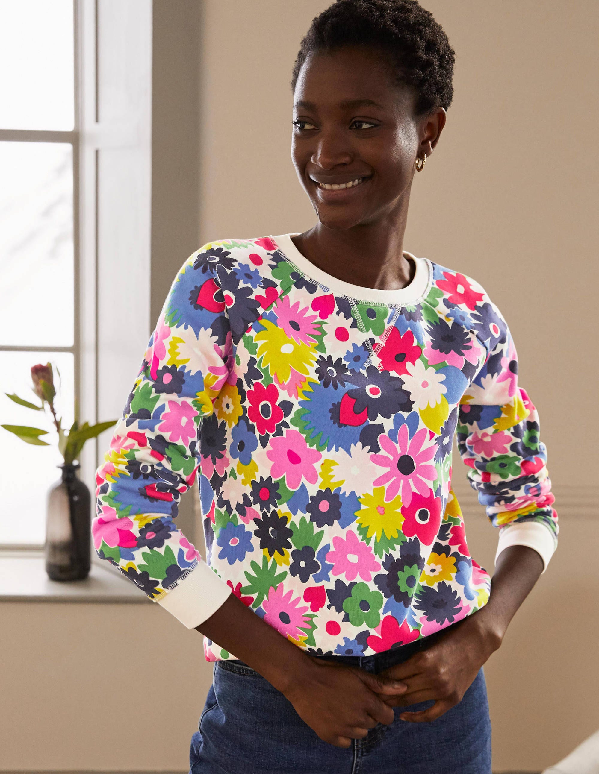 Printed Cotton Sweatshirt-Ivory, Paintbox Ditsy - Image 1