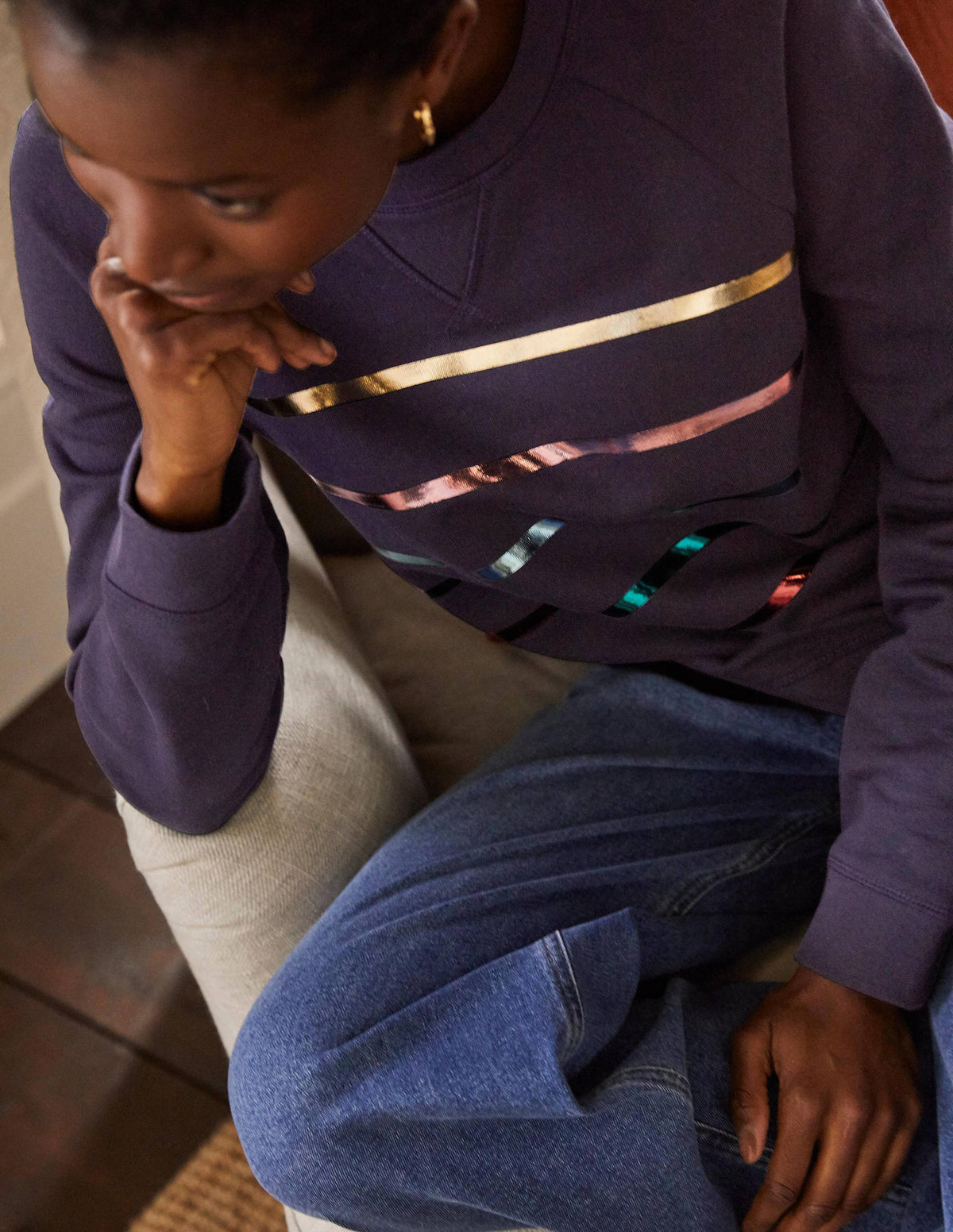 Printed Cotton Sweatshirt-Navy, Multi Foil Stripe - Image 2