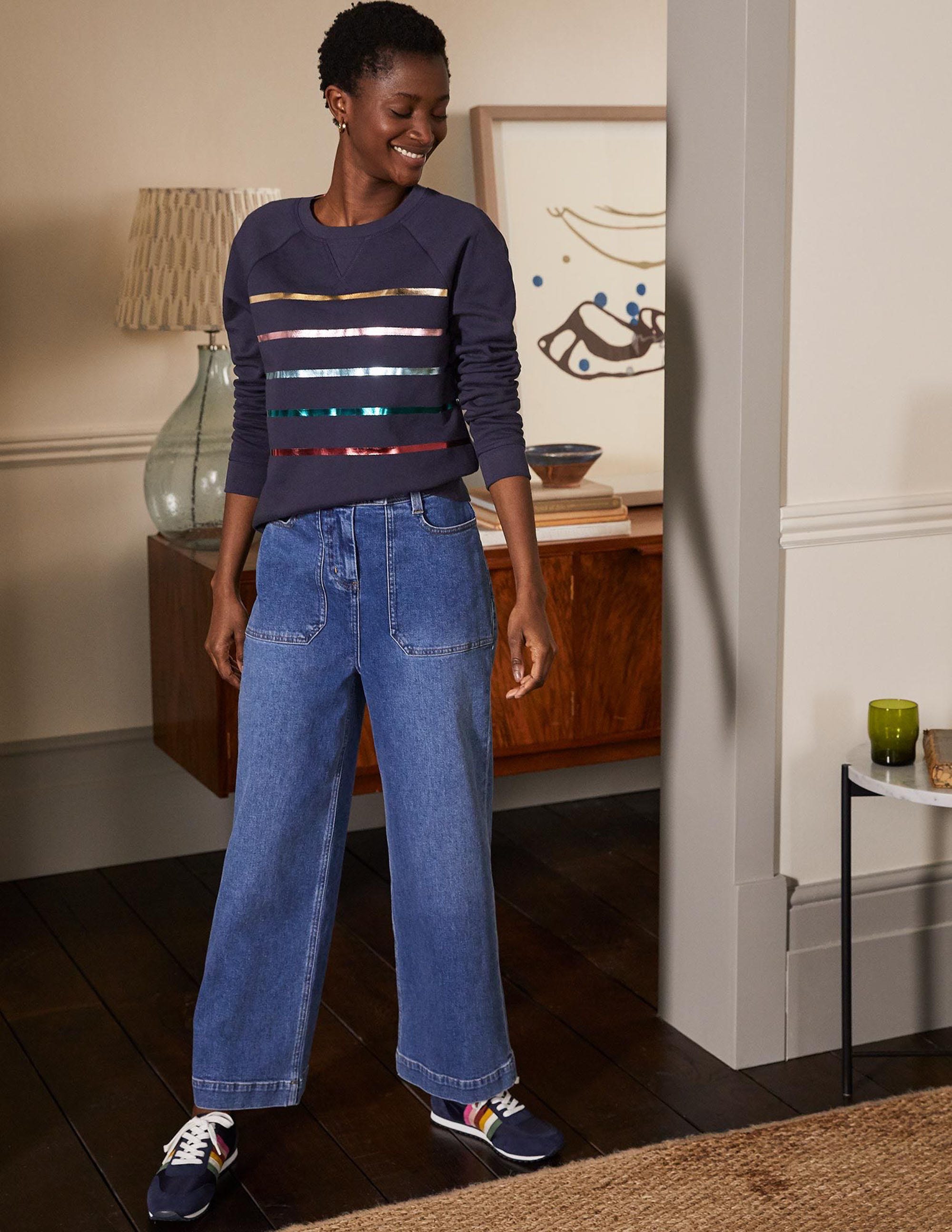 Printed Cotton Sweatshirt-Navy, Multi Foil Stripe - Image 4